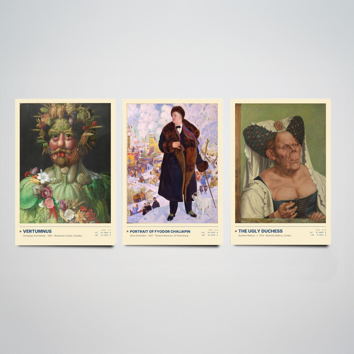 Unconventional Portraits Set of Three Art Prints - Vertumnus, Chaliapin, The Ugly Duchess - Arcimboldo Matsys Kustodiev Posters - Paintings