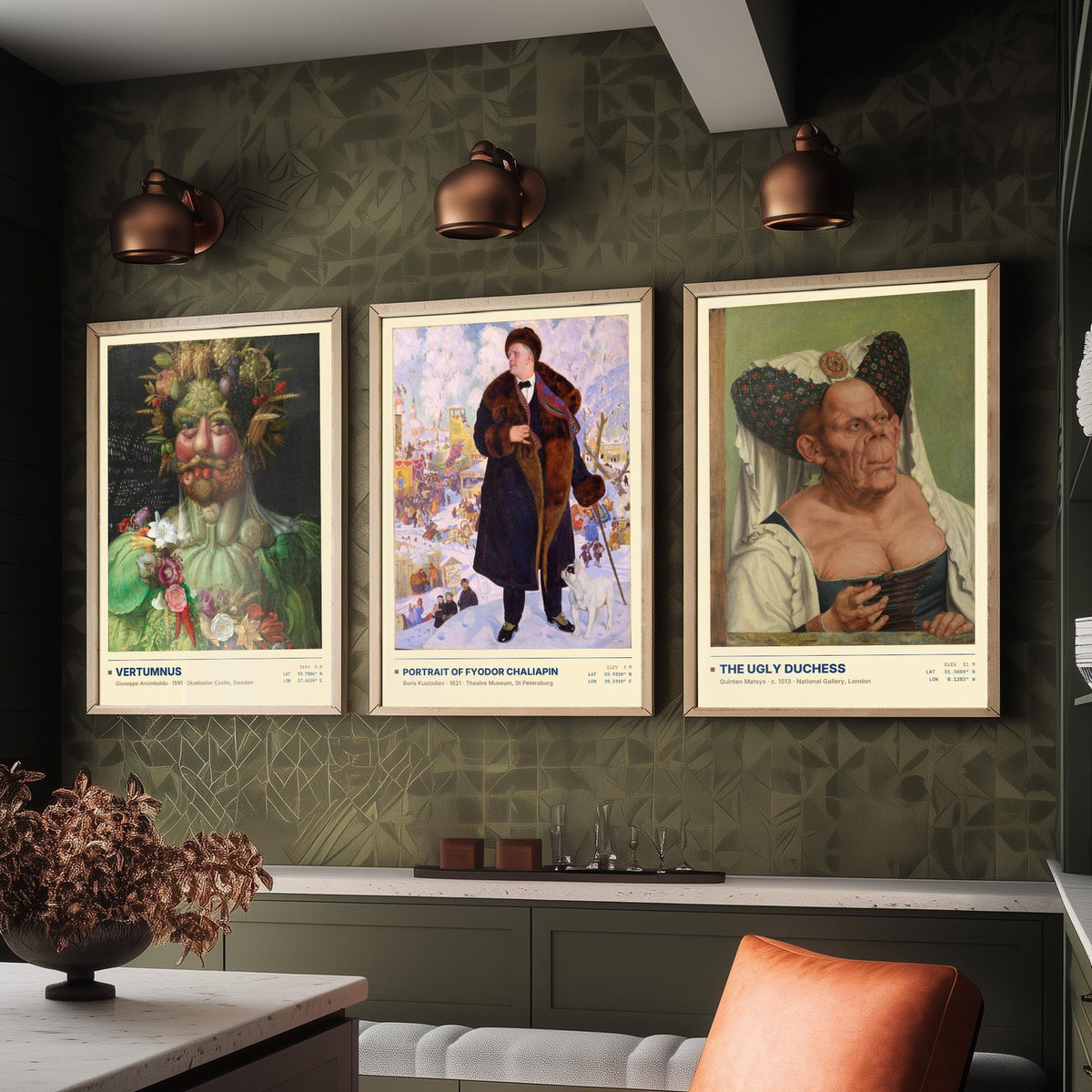 Unconventional Portraits Set of Three Art Prints - Vertumnus, Chaliapin, The Ugly Duchess - Arcimboldo Matsys Kustodiev Posters - Paintings