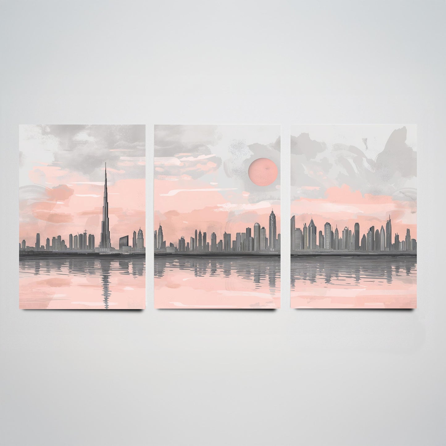 Dubai UAE Set of Three Art Prints | Burj Khalifa Skyline Pink Grey Poster Illustration