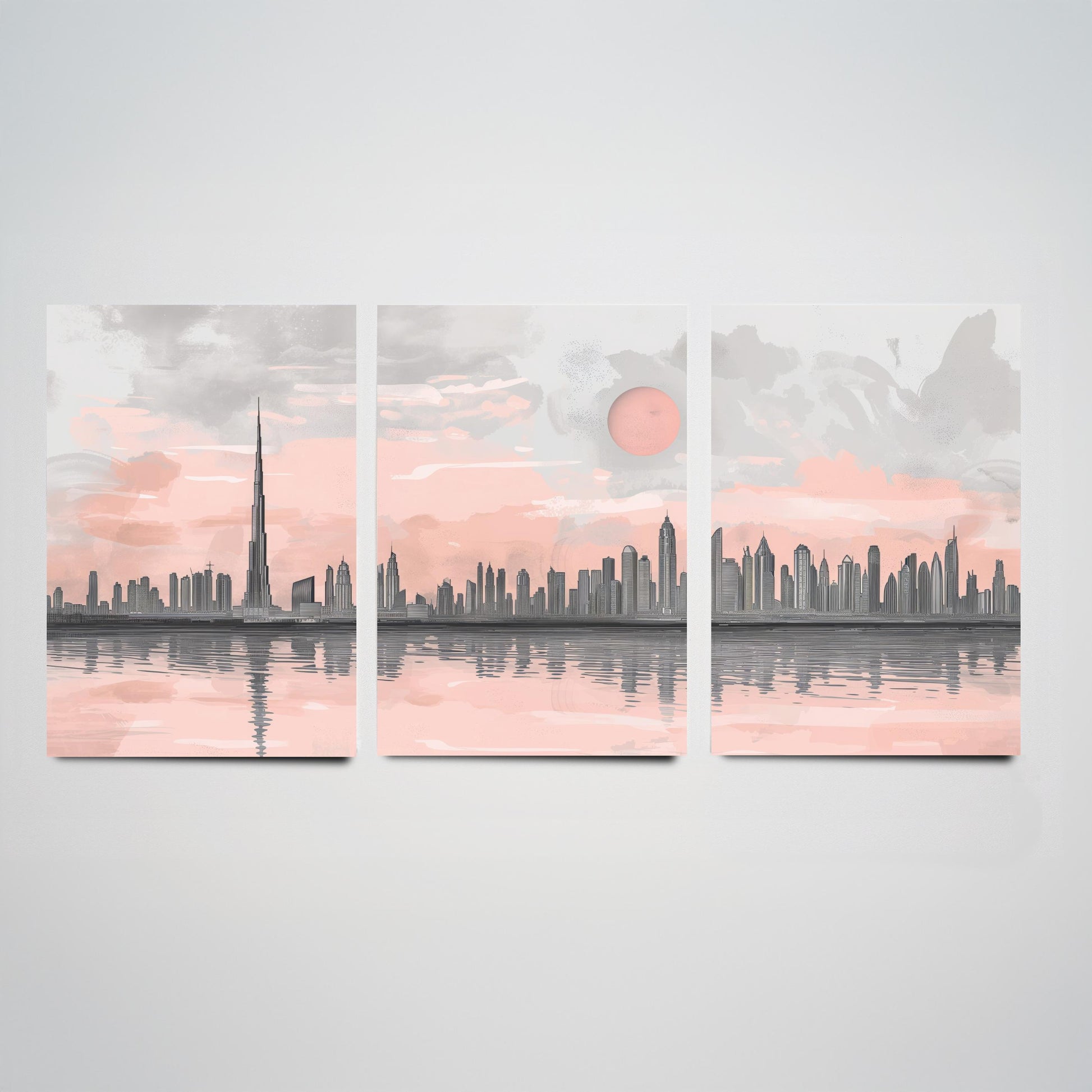 Dubai UAE Set of Three Art Prints | Burj Khalifa Skyline Pink Grey Poster Illustration