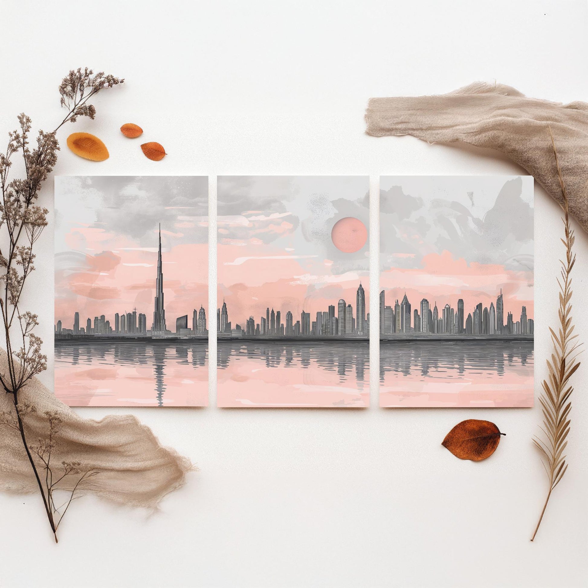 Dubai UAE Set of Three Art Prints | Burj Khalifa Skyline Pink Grey Poster Illustration