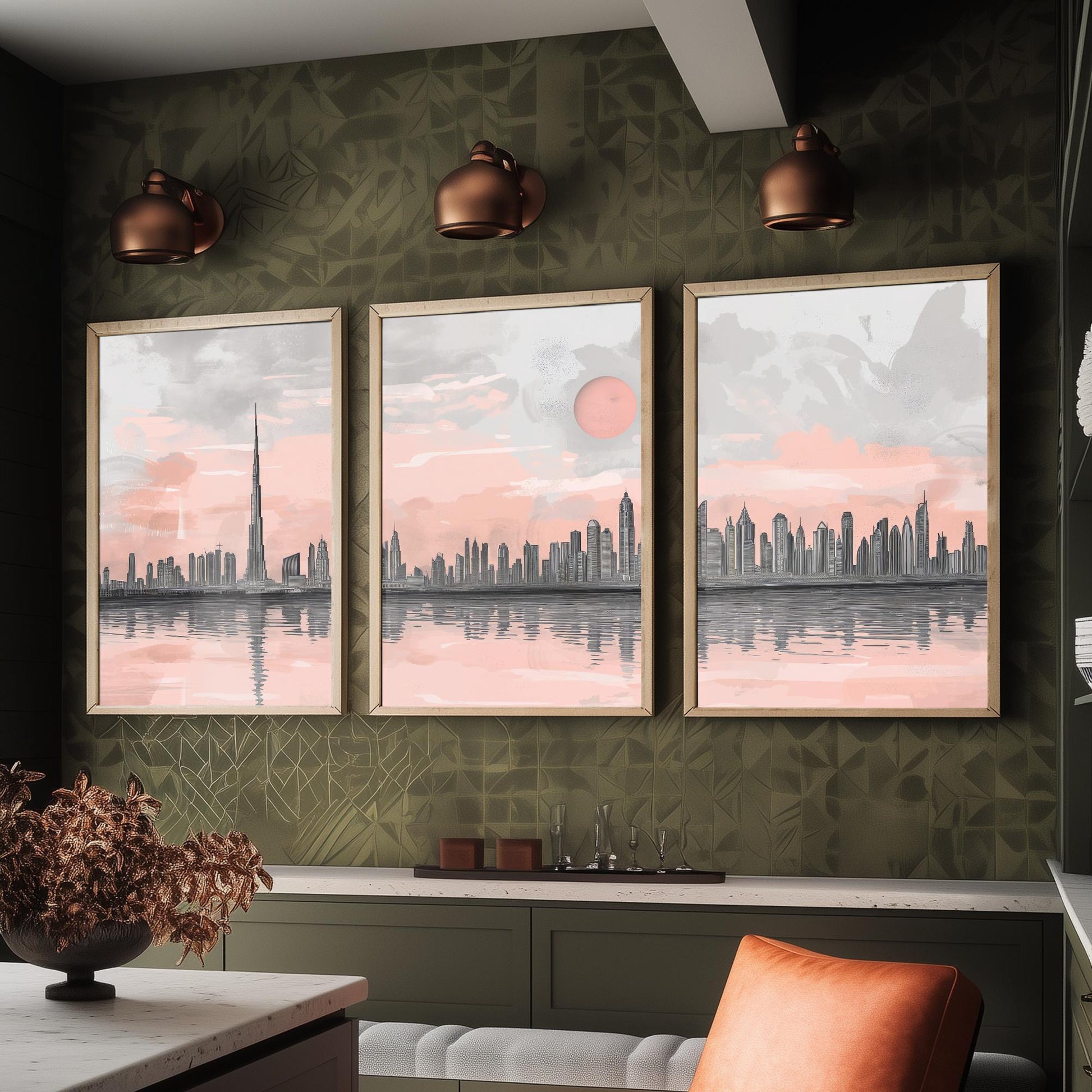 Dubai UAE Set of Three Art Prints | Burj Khalifa Skyline Pink Grey Poster Illustration