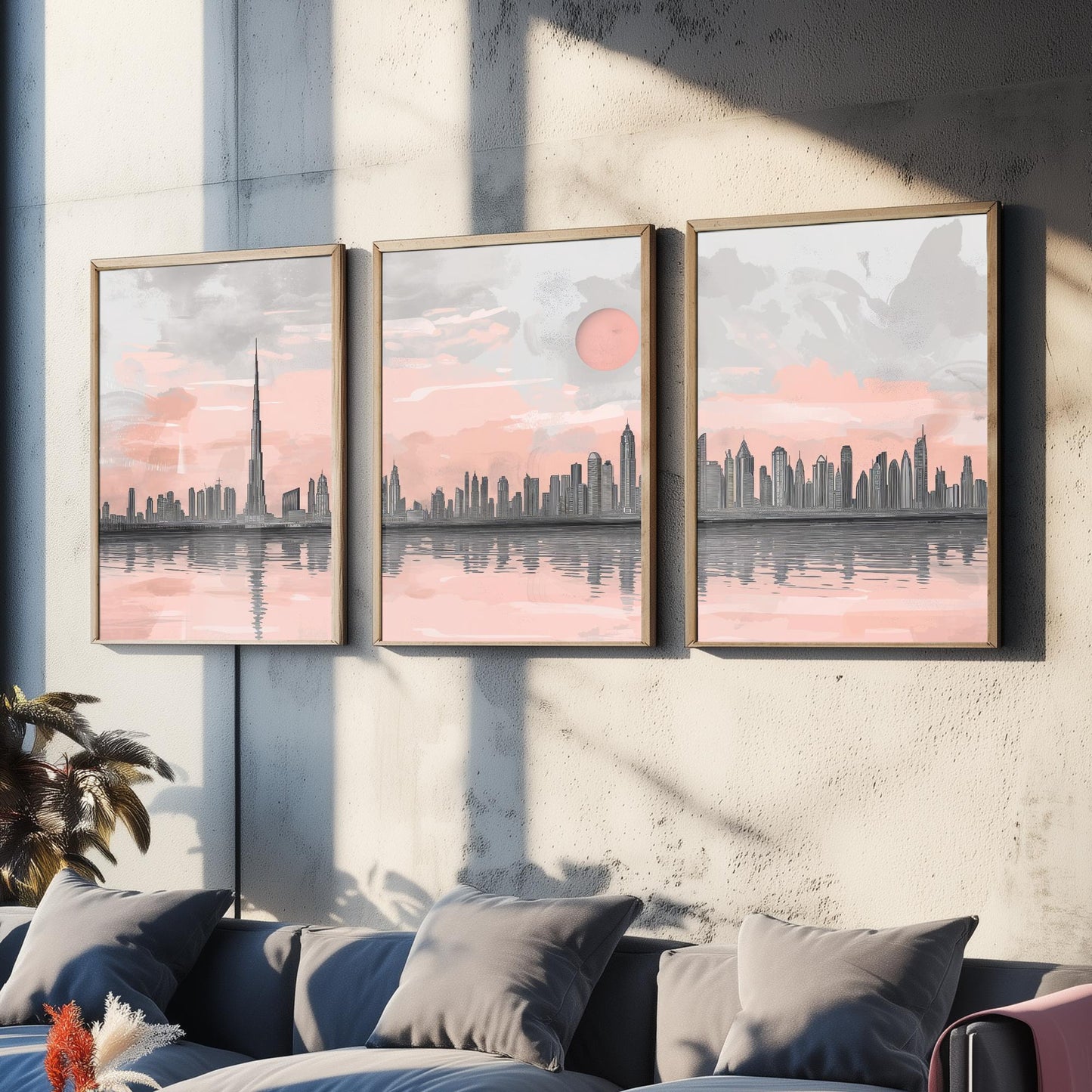 Dubai UAE Set of Three Art Prints | Burj Khalifa Skyline Pink Grey Poster Illustration