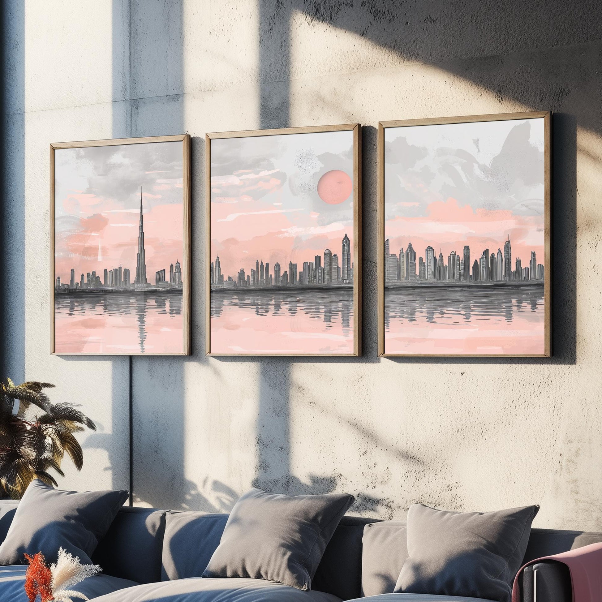 Dubai UAE Set of Three Art Prints | Burj Khalifa Skyline Pink Grey Poster Illustration