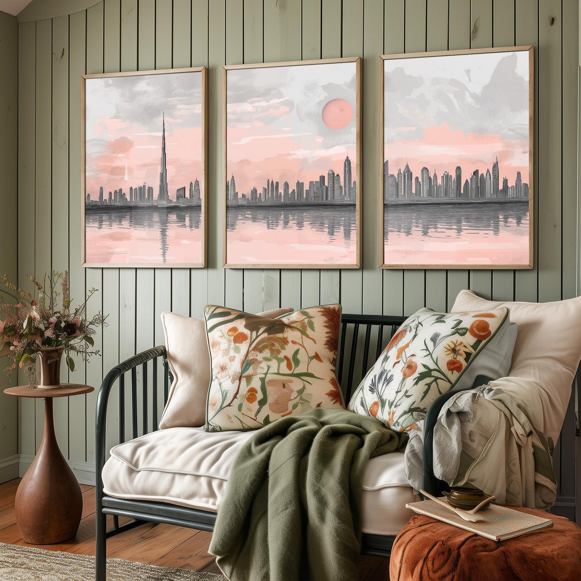 Dubai UAE Set of Three Art Prints | Burj Khalifa Skyline Pink Grey Poster Illustration
