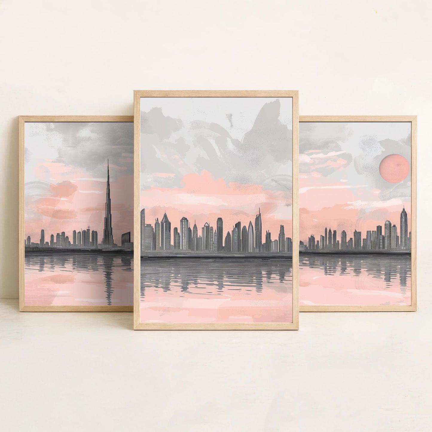 Dubai UAE Set of Three Art Prints | Burj Khalifa Skyline Pink Grey Poster Illustration