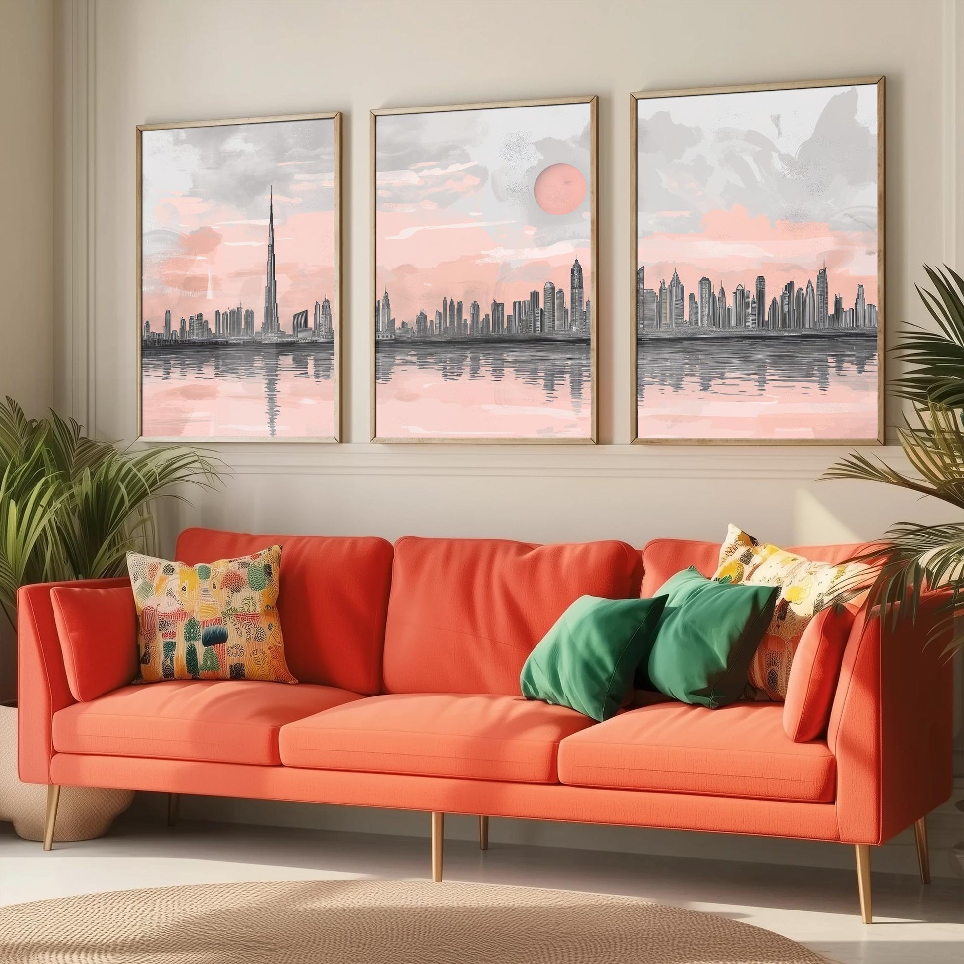 Dubai UAE Set of Three Art Prints | Burj Khalifa Skyline Pink Grey Poster Illustration