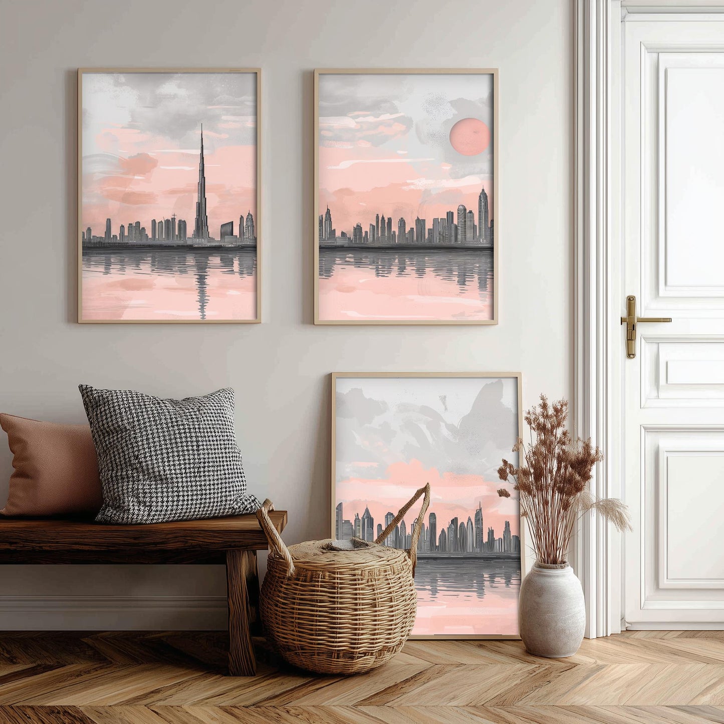 Dubai UAE Set of Three Art Prints | Burj Khalifa Skyline Pink Grey Poster Illustration