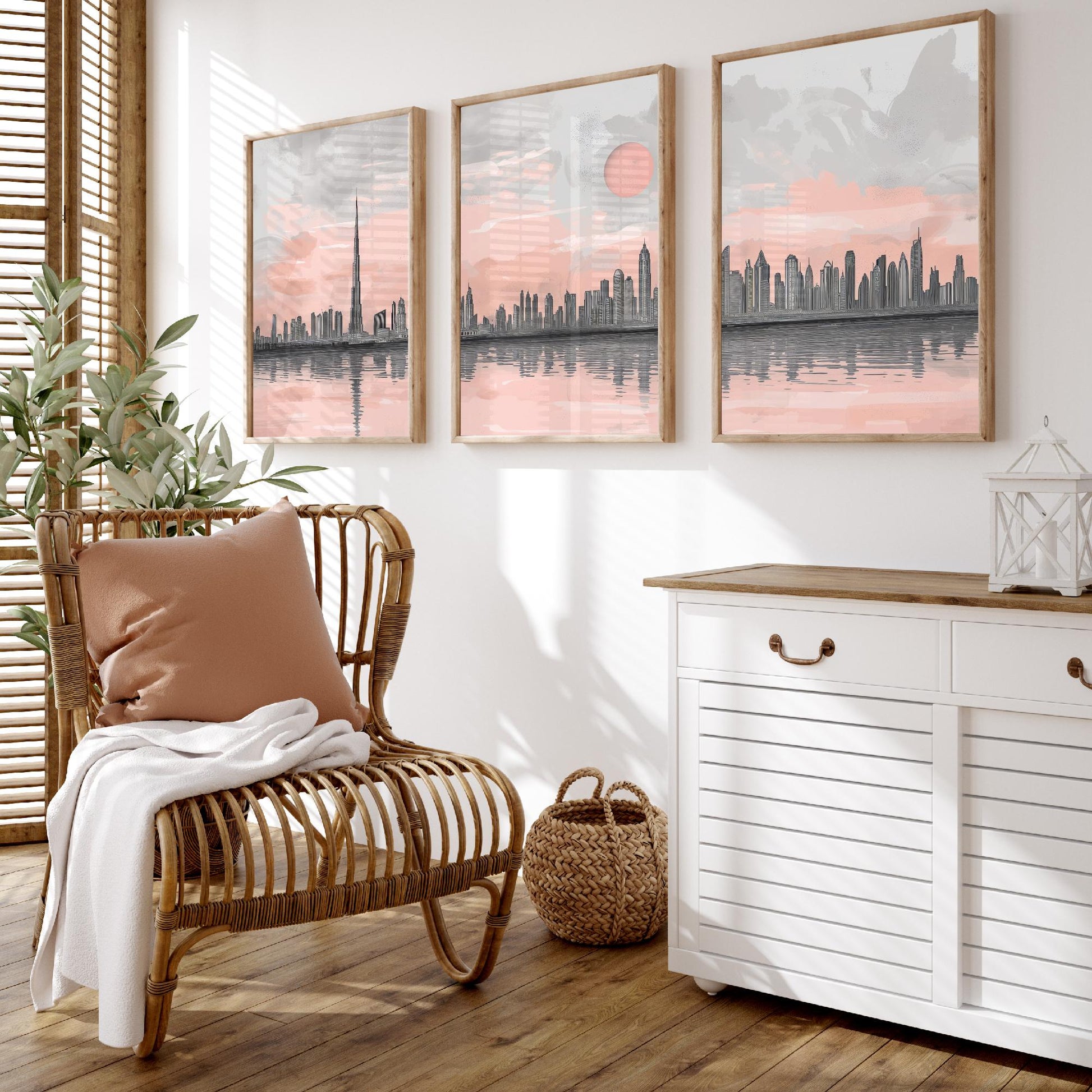 Dubai UAE Set of Three Art Prints | Burj Khalifa Skyline Pink Grey Poster Illustration