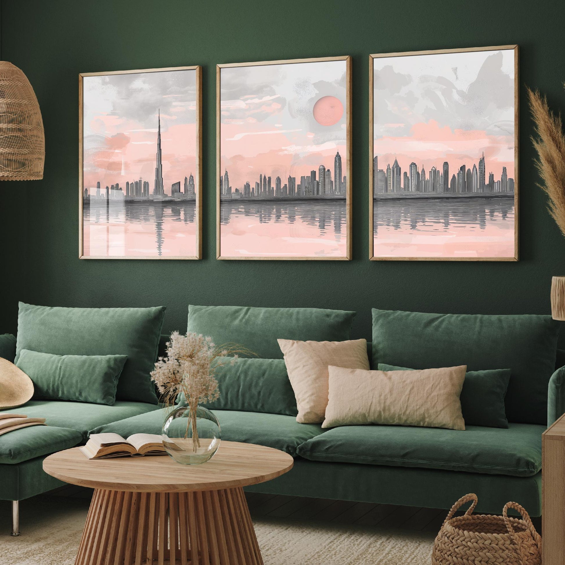 Dubai UAE Set of Three Art Prints | Burj Khalifa Skyline Pink Grey Poster Illustration