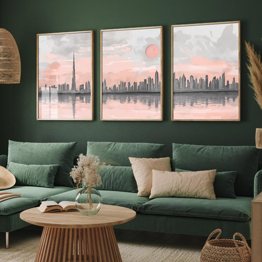 Dubai UAE Set of Three Art Prints | Burj Khalifa Skyline Pink Grey Poster Illustration