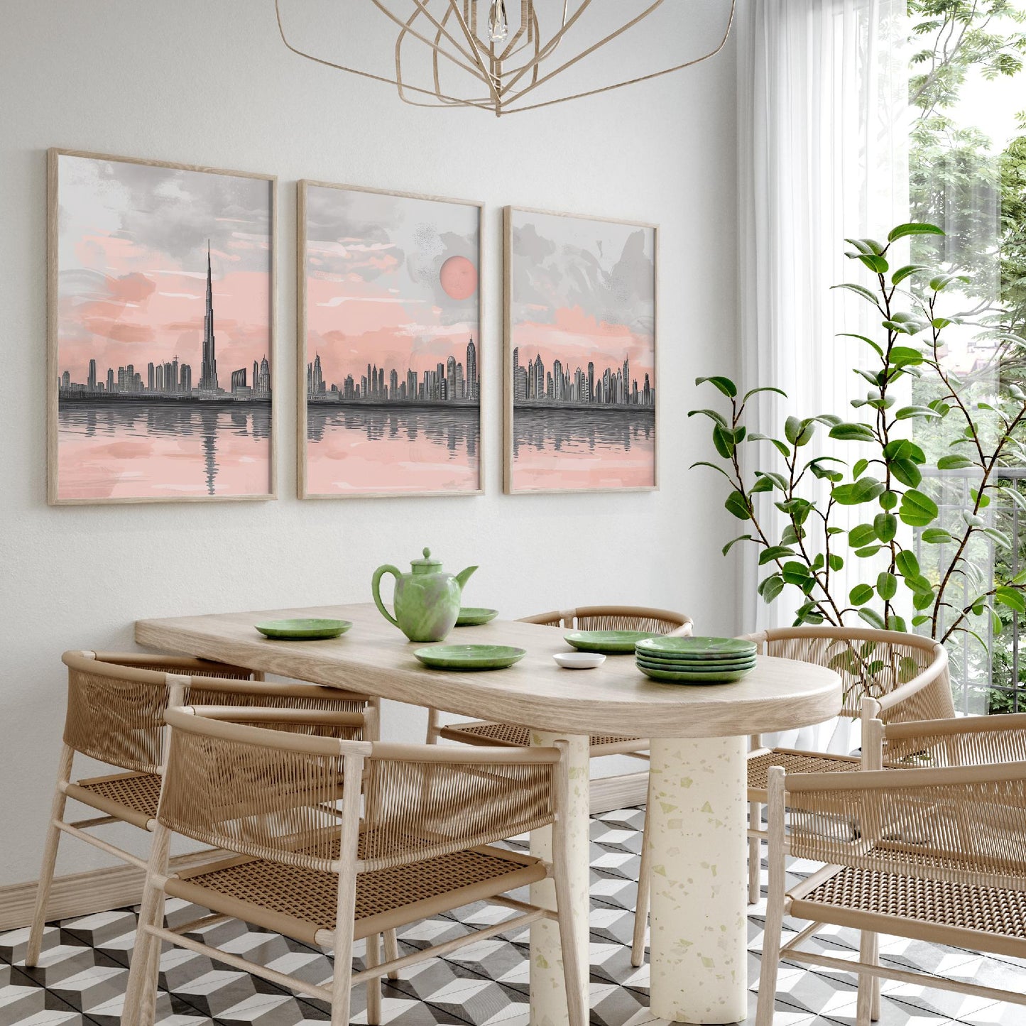 Dubai UAE Set of Three Art Prints | Burj Khalifa Skyline Pink Grey Poster Illustration