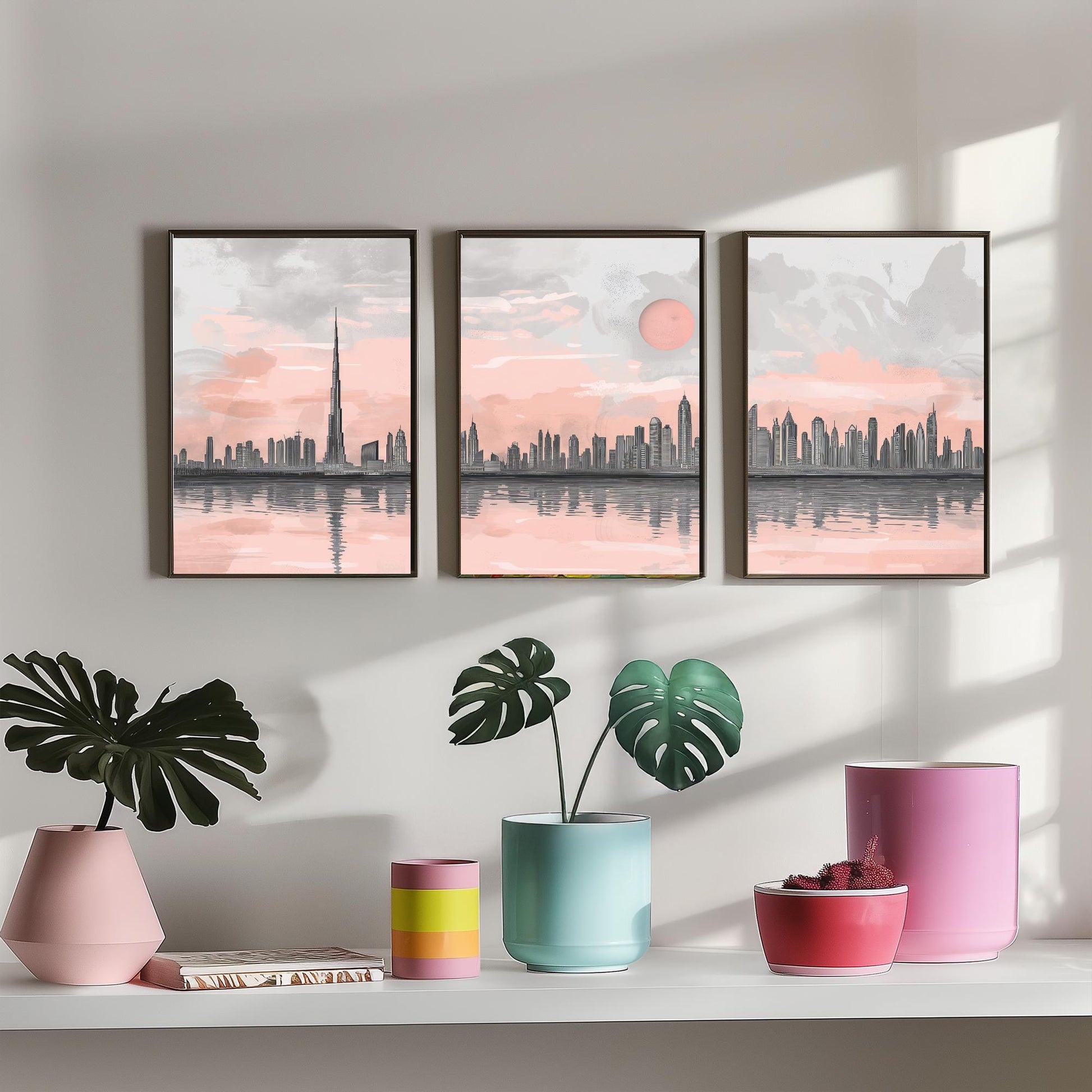 Dubai UAE Set of Three Art Prints | Burj Khalifa Skyline Pink Grey Poster Illustration