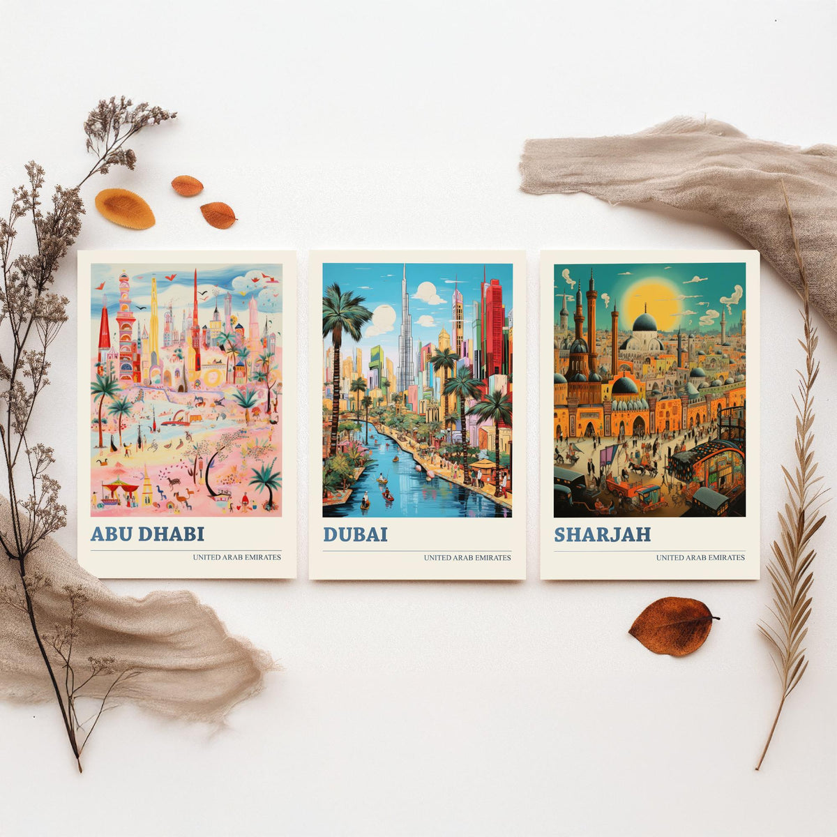 Abu Dhabi, Dubai, Sharjah Set of Three Art Prints - United Arab Emirates Ludwig Modern Travel Poster - UAE Folk City Illustration