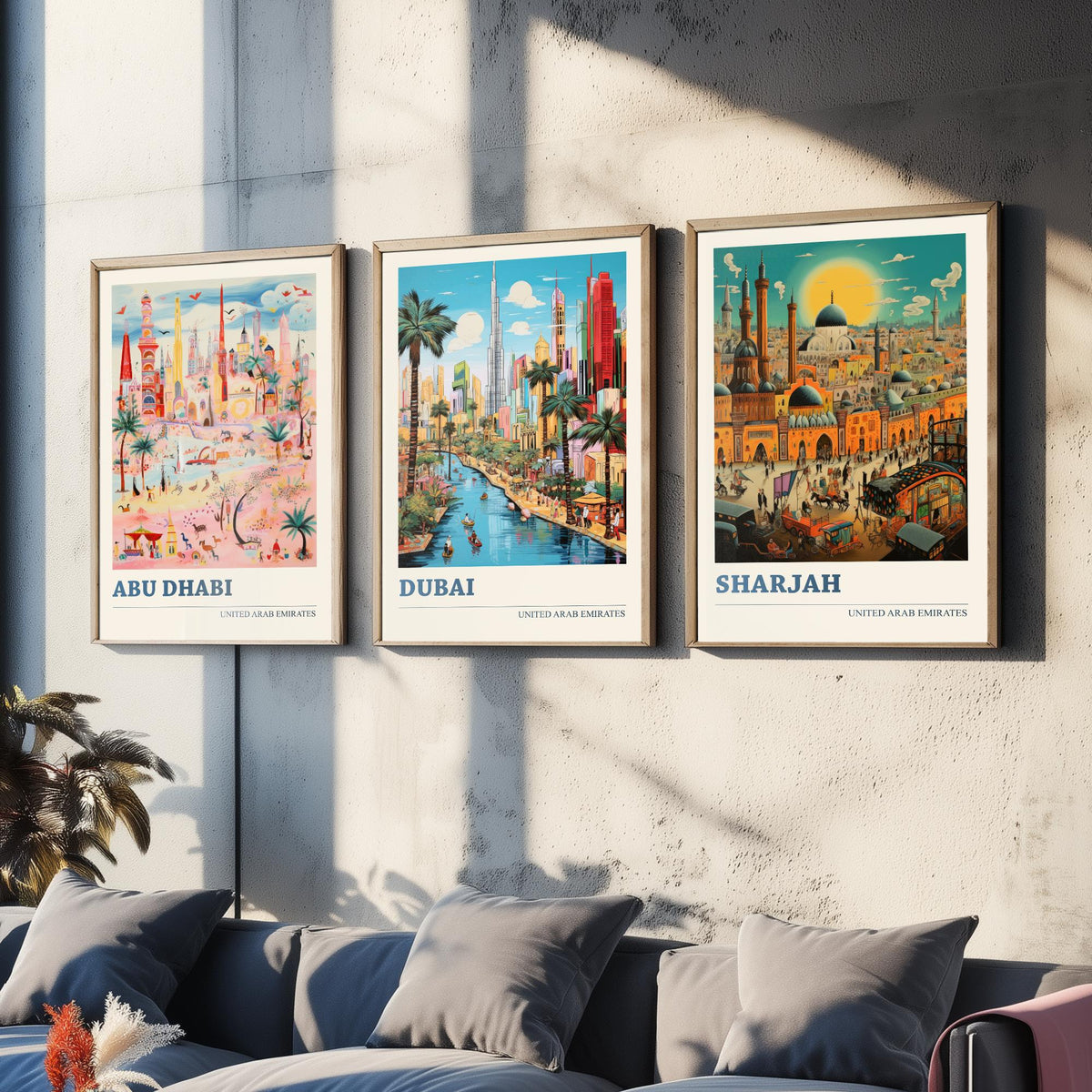 Abu Dhabi, Dubai, Sharjah Set of Three Art Prints - United Arab Emirates Ludwig Modern Travel Poster - UAE Folk City Illustration