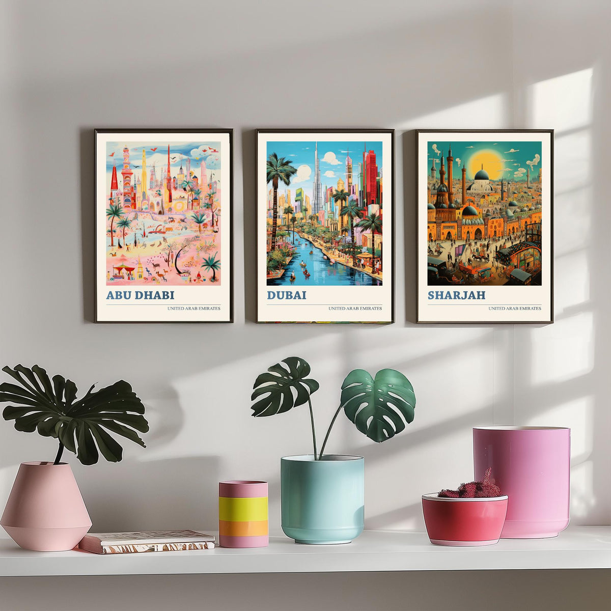 Abu Dhabi, Dubai, Sharjah Set of Three Art Prints - United Arab Emirates Ludwig Modern Travel Poster - UAE Folk City Illustration