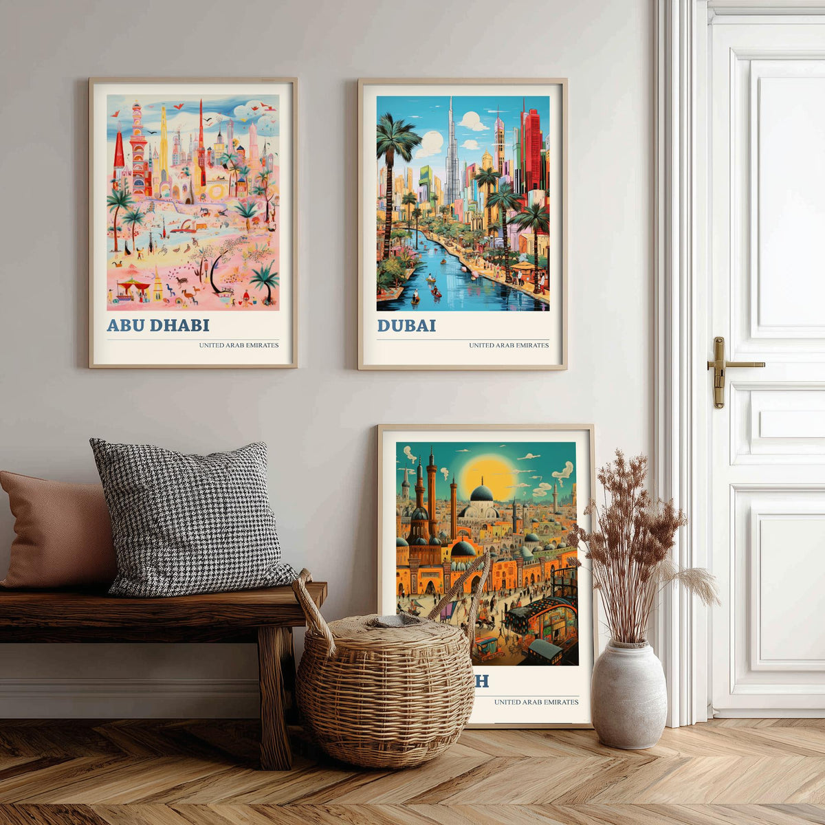 Abu Dhabi, Dubai, Sharjah Set of Three Art Prints - United Arab Emirates Ludwig Modern Travel Poster - UAE Folk City Illustration