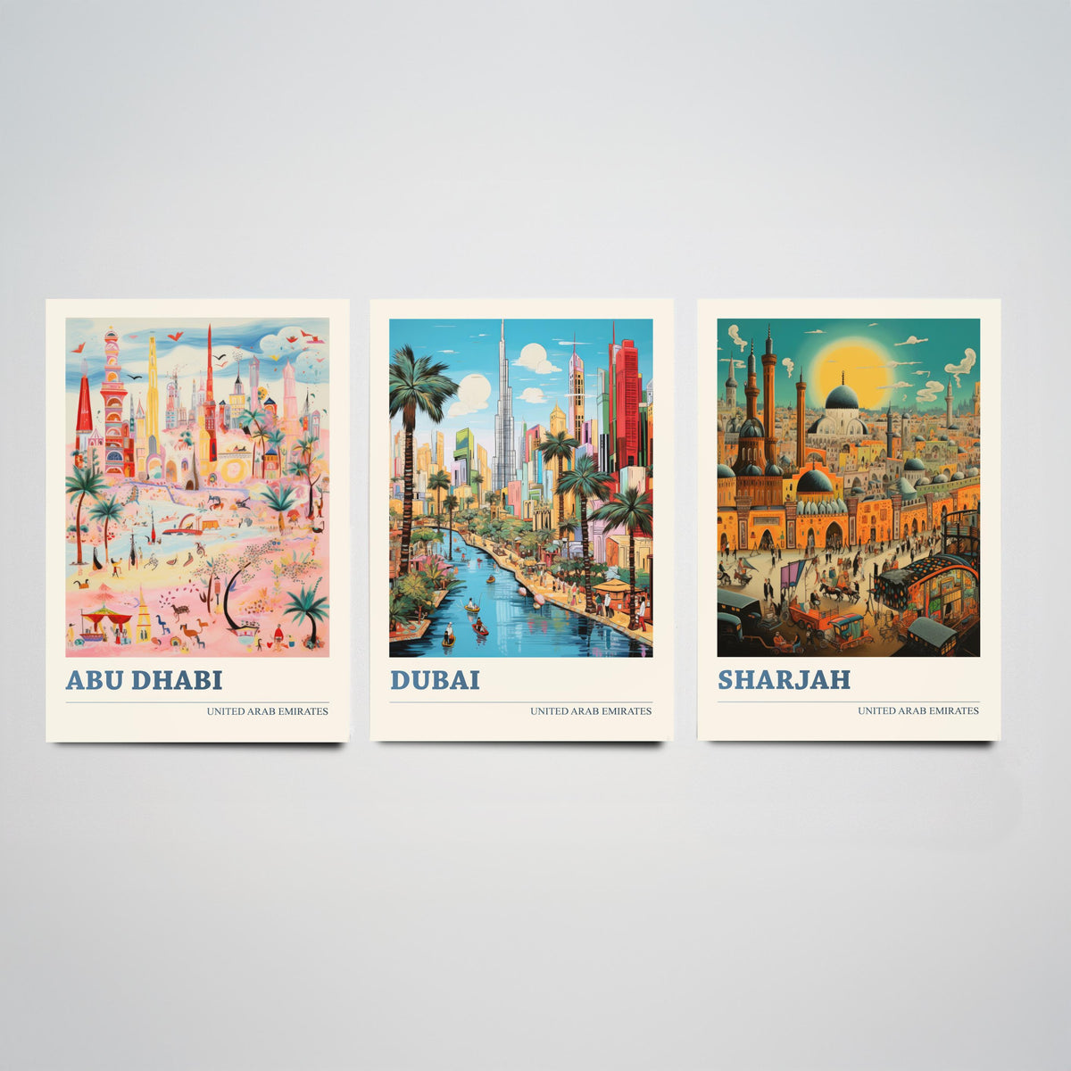 Abu Dhabi, Dubai, Sharjah Set of Three Art Prints - United Arab Emirates Ludwig Modern Travel Poster - UAE Folk City Illustration