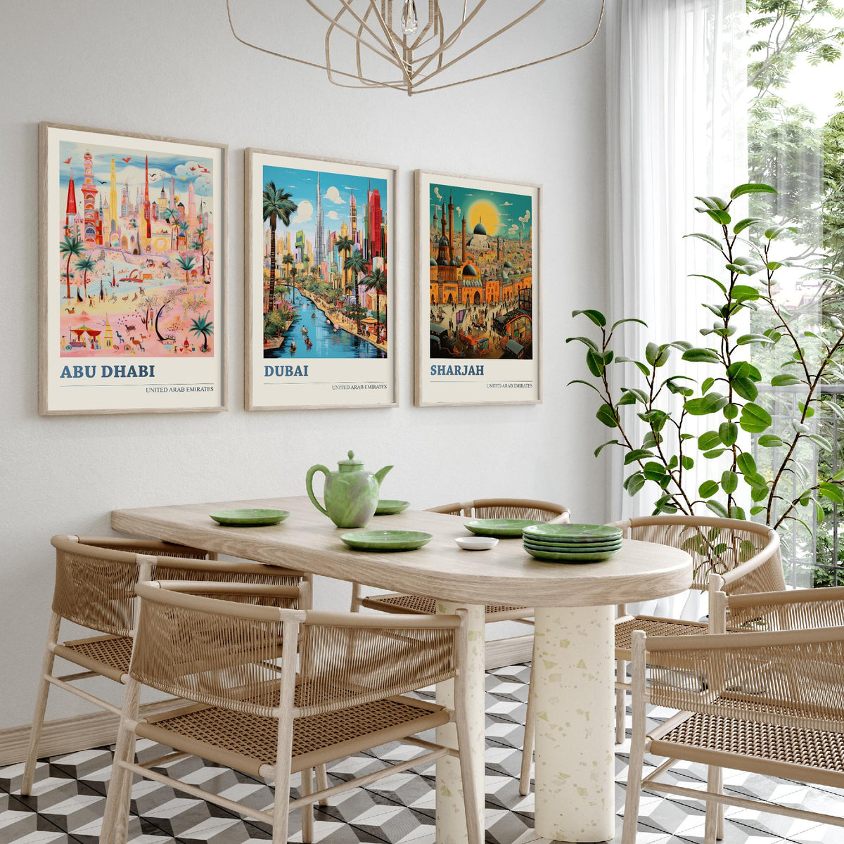Abu Dhabi, Dubai, Sharjah Set of Three Art Prints - United Arab Emirates Ludwig Modern Travel Poster - UAE Folk City Illustration