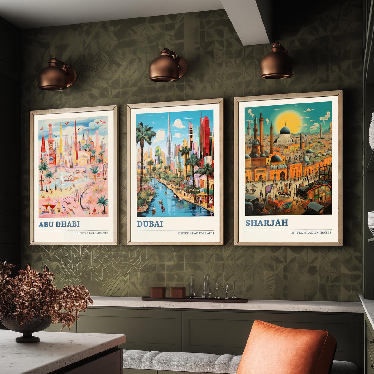 Abu Dhabi, Dubai, Sharjah Set of Three Art Prints - United Arab Emirates Ludwig Modern Travel Poster - UAE Folk City Illustration