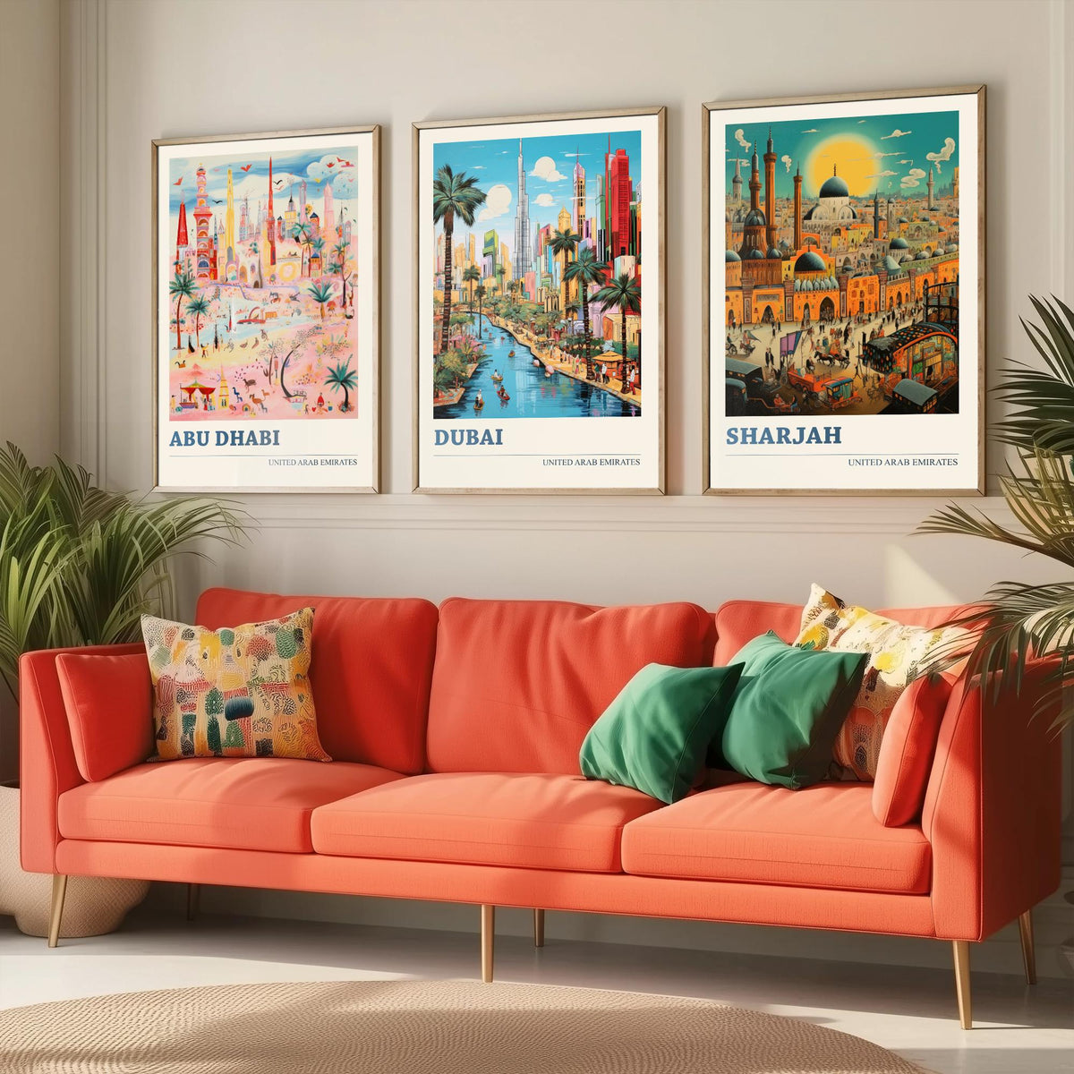 Abu Dhabi, Dubai, Sharjah Set of Three Art Prints - United Arab Emirates Ludwig Modern Travel Poster - UAE Folk City Illustration