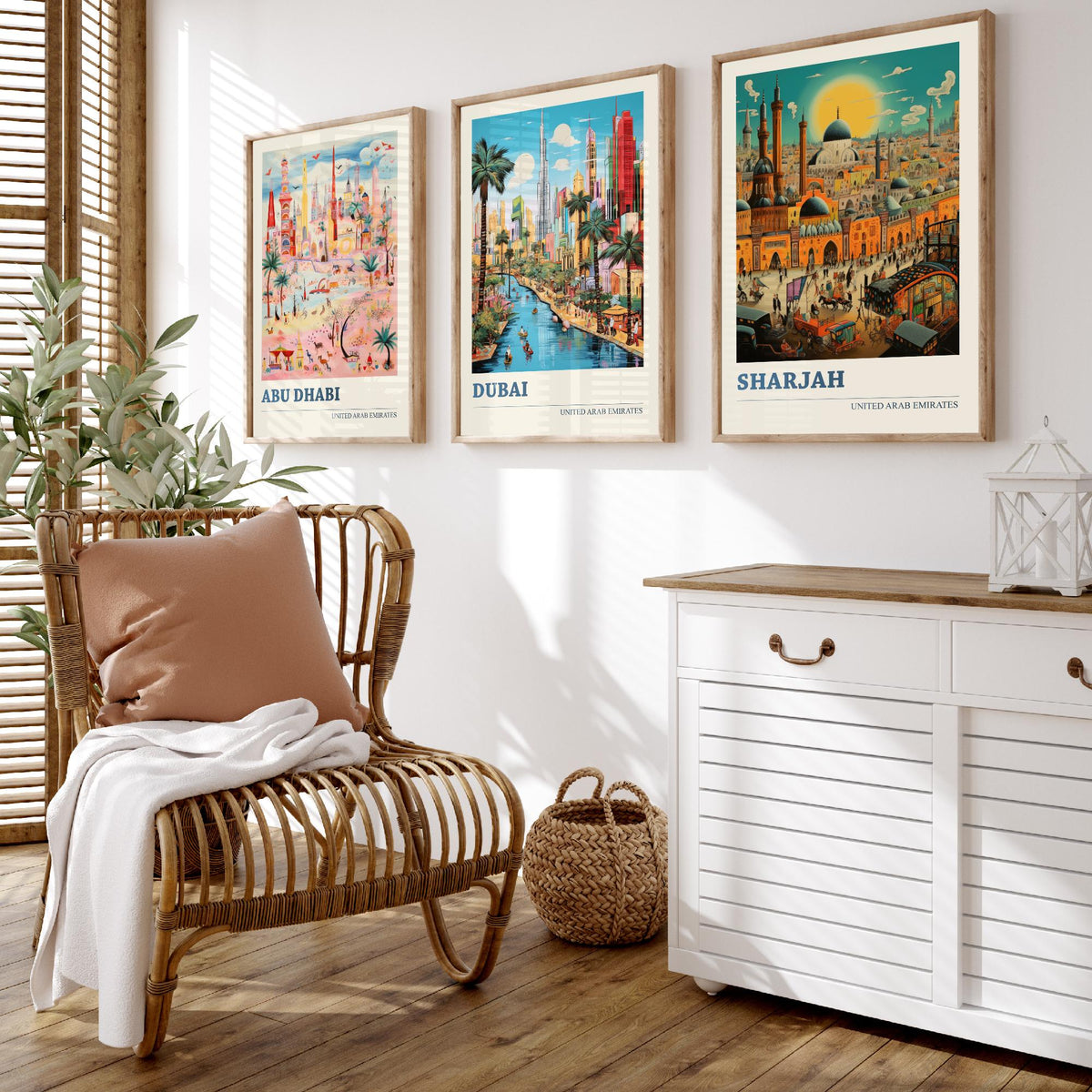 Abu Dhabi, Dubai, Sharjah Set of Three Art Prints - United Arab Emirates Ludwig Modern Travel Poster - UAE Folk City Illustration