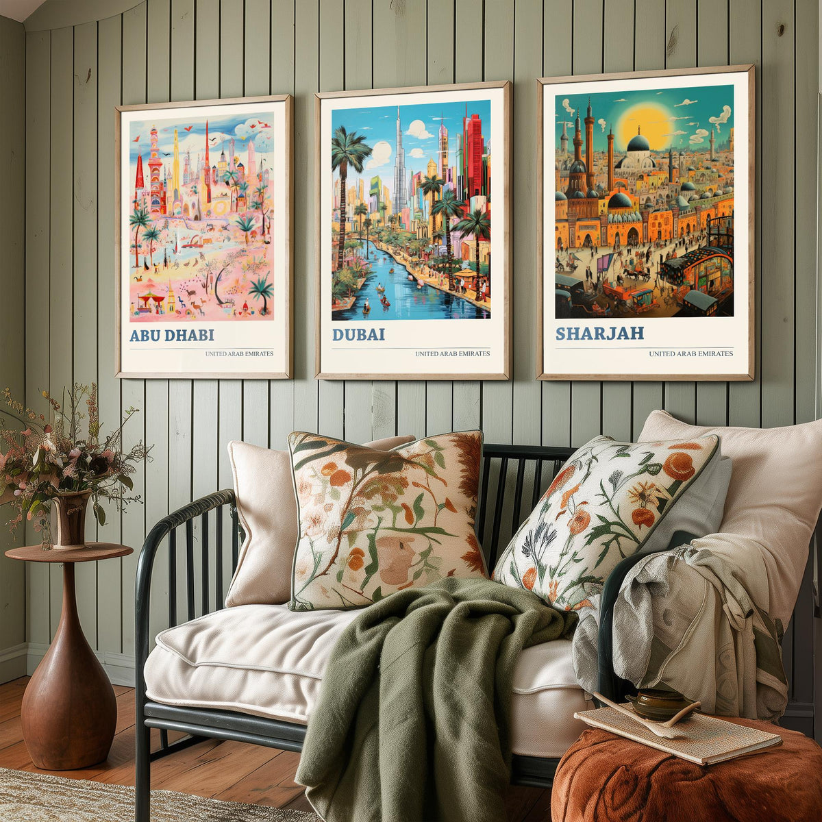 Abu Dhabi, Dubai, Sharjah Set of Three Art Prints - United Arab Emirates Ludwig Modern Travel Poster - UAE Folk City Illustration