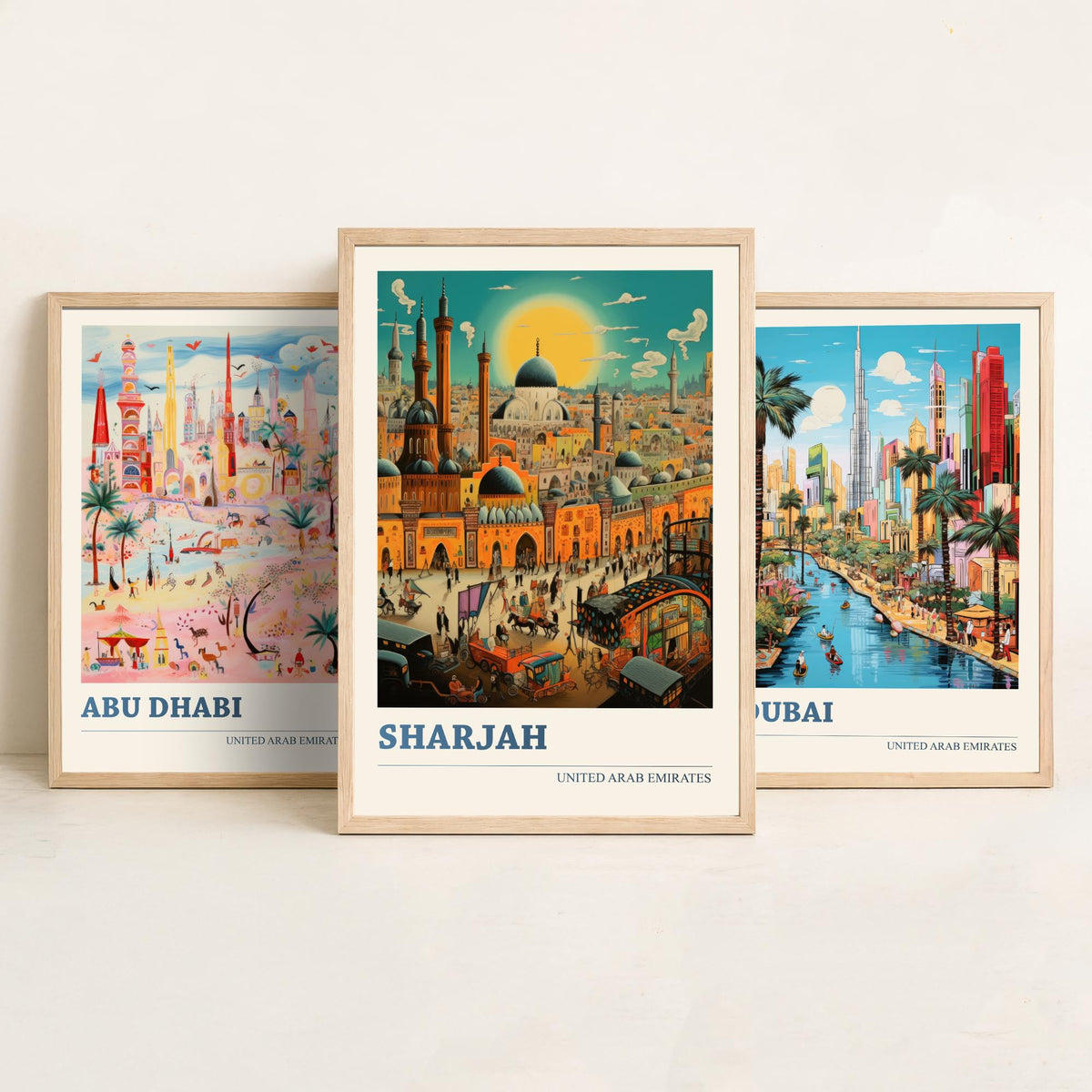 Abu Dhabi, Dubai, Sharjah Set of Three Art Prints - United Arab Emirates Ludwig Modern Travel Poster - UAE Folk City Illustration