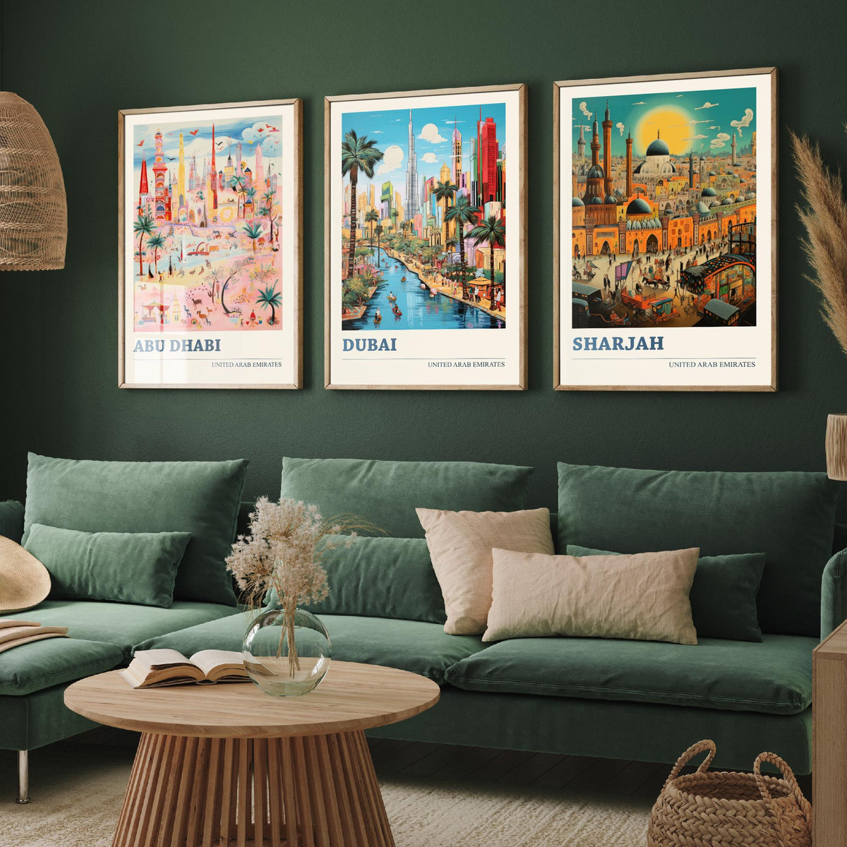 Abu Dhabi, Dubai, Sharjah Set of Three Art Prints - United Arab Emirates Ludwig Modern Travel Poster - UAE Folk City Illustration