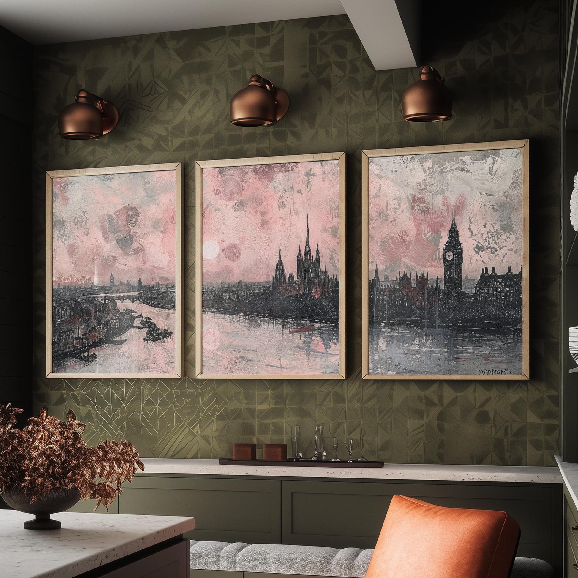 London England Set of Three Art Prints | Big Ben Parliament Skyline Poster Illustration