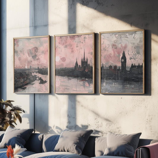 London England Set of Three Art Prints | Big Ben Parliament Skyline Poster Illustration