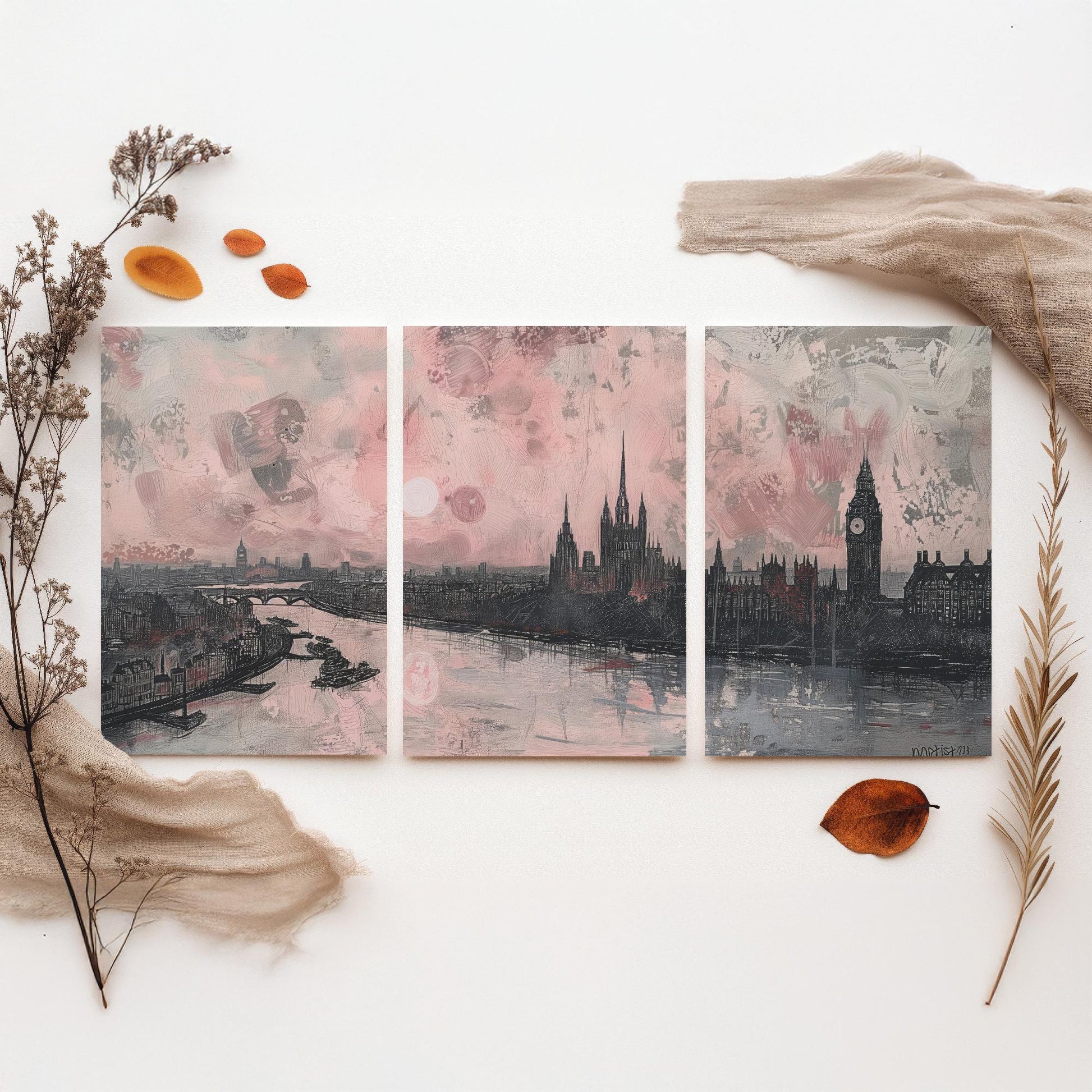 London England Set of Three Art Prints | Big Ben Parliament Skyline Poster Illustration