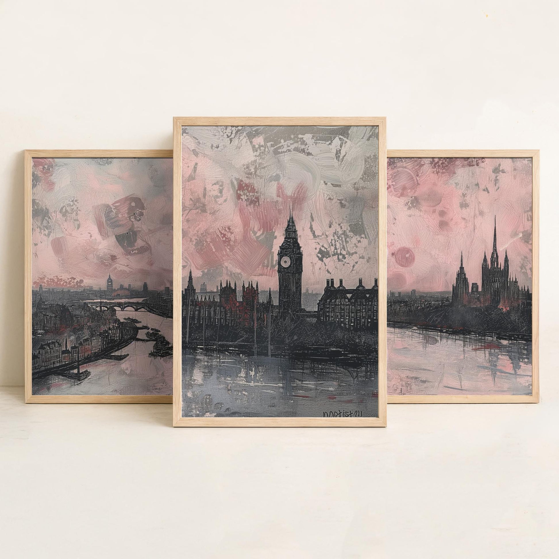 London England Set of Three Art Prints | Big Ben Parliament Skyline Poster Illustration