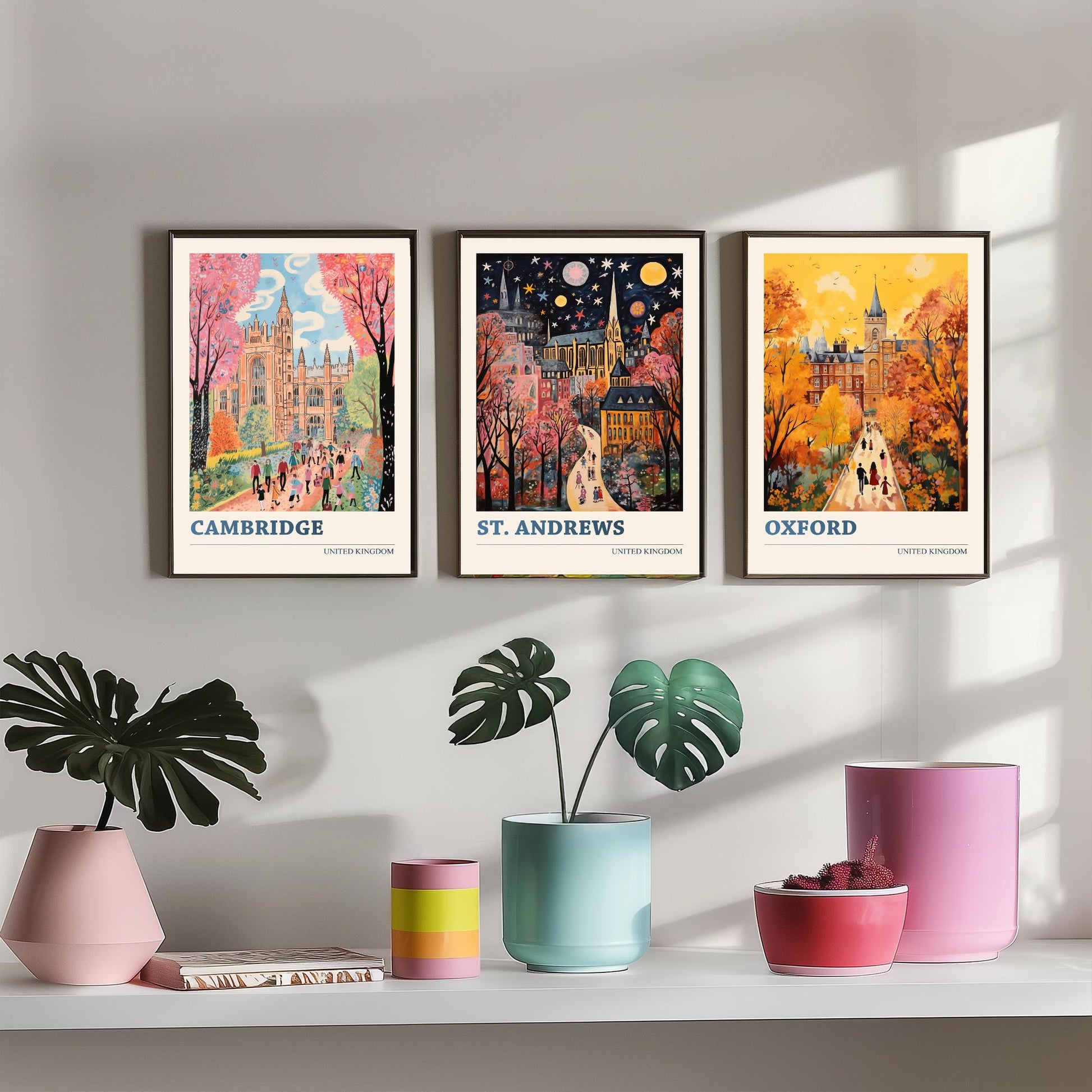 Cambridge St Andrews Oxford Set of Three Art Prints | UK University Towns Poster Illustration