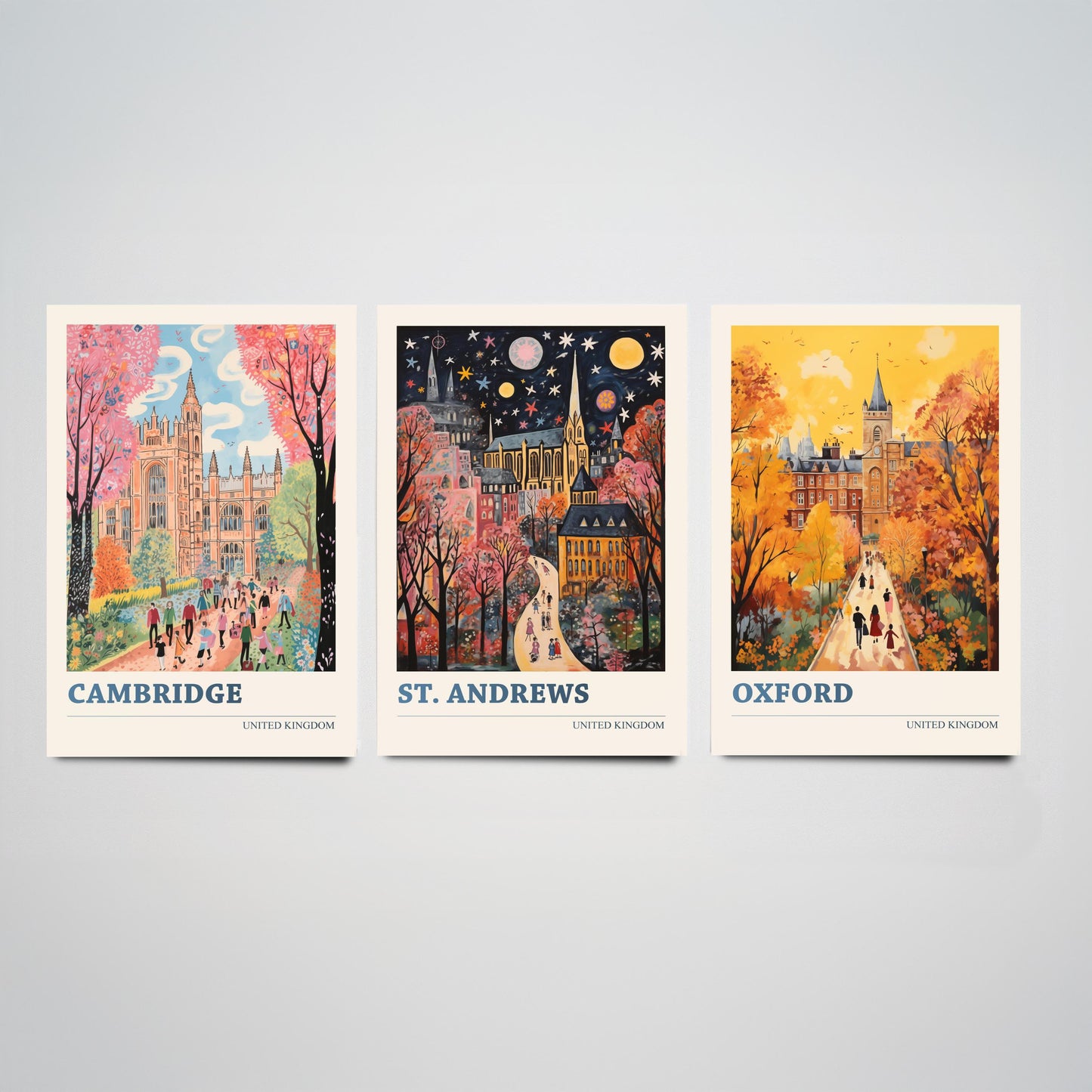 Cambridge St Andrews Oxford Set of Three Art Prints | UK University Towns Poster Illustration