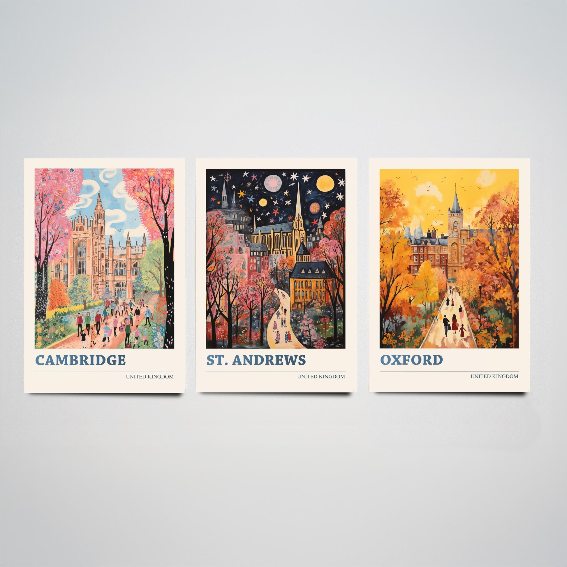 Cambridge St Andrews Oxford Set of Three Art Prints | UK University Towns Poster Illustration