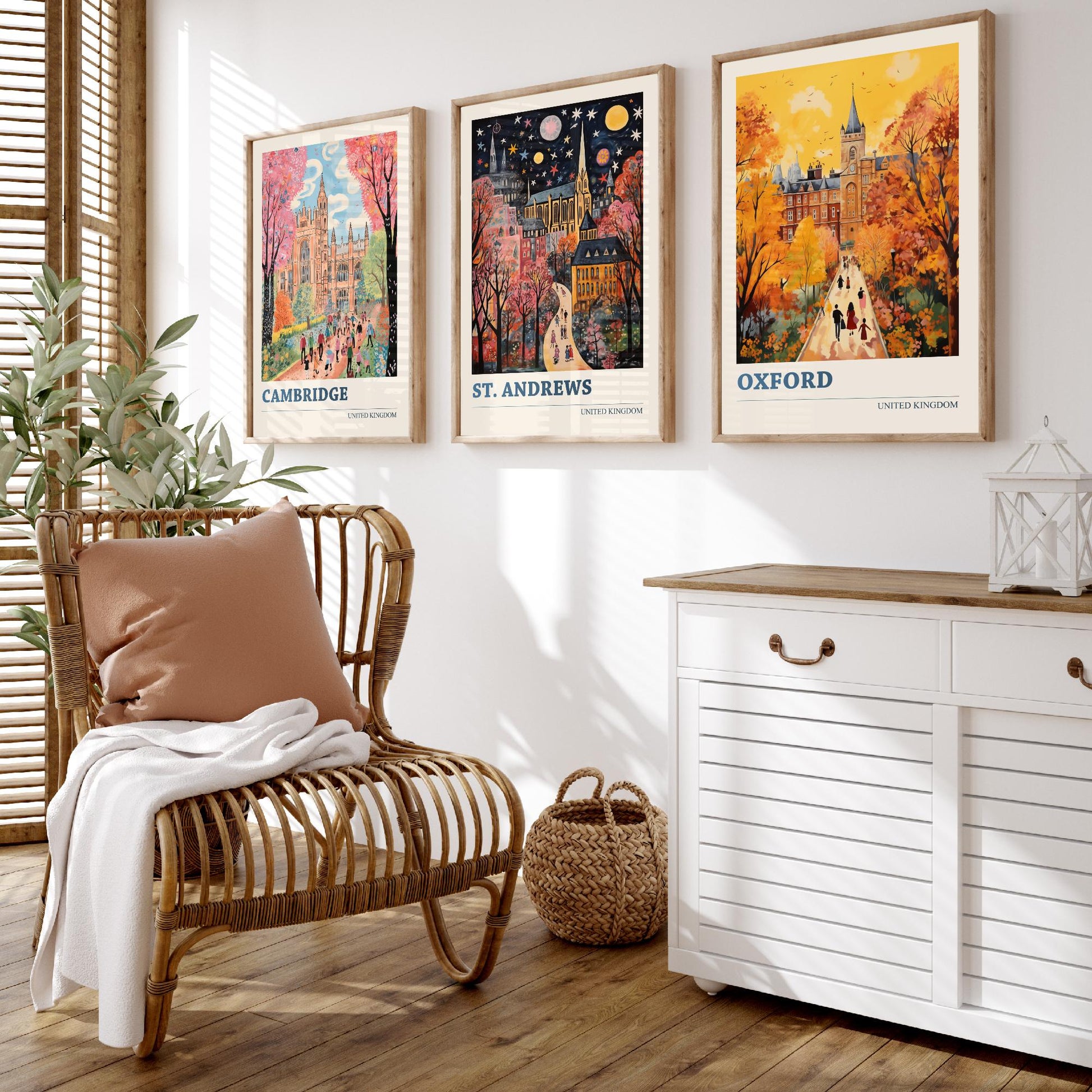 Cambridge St Andrews Oxford Set of Three Art Prints | UK University Towns Poster Illustration