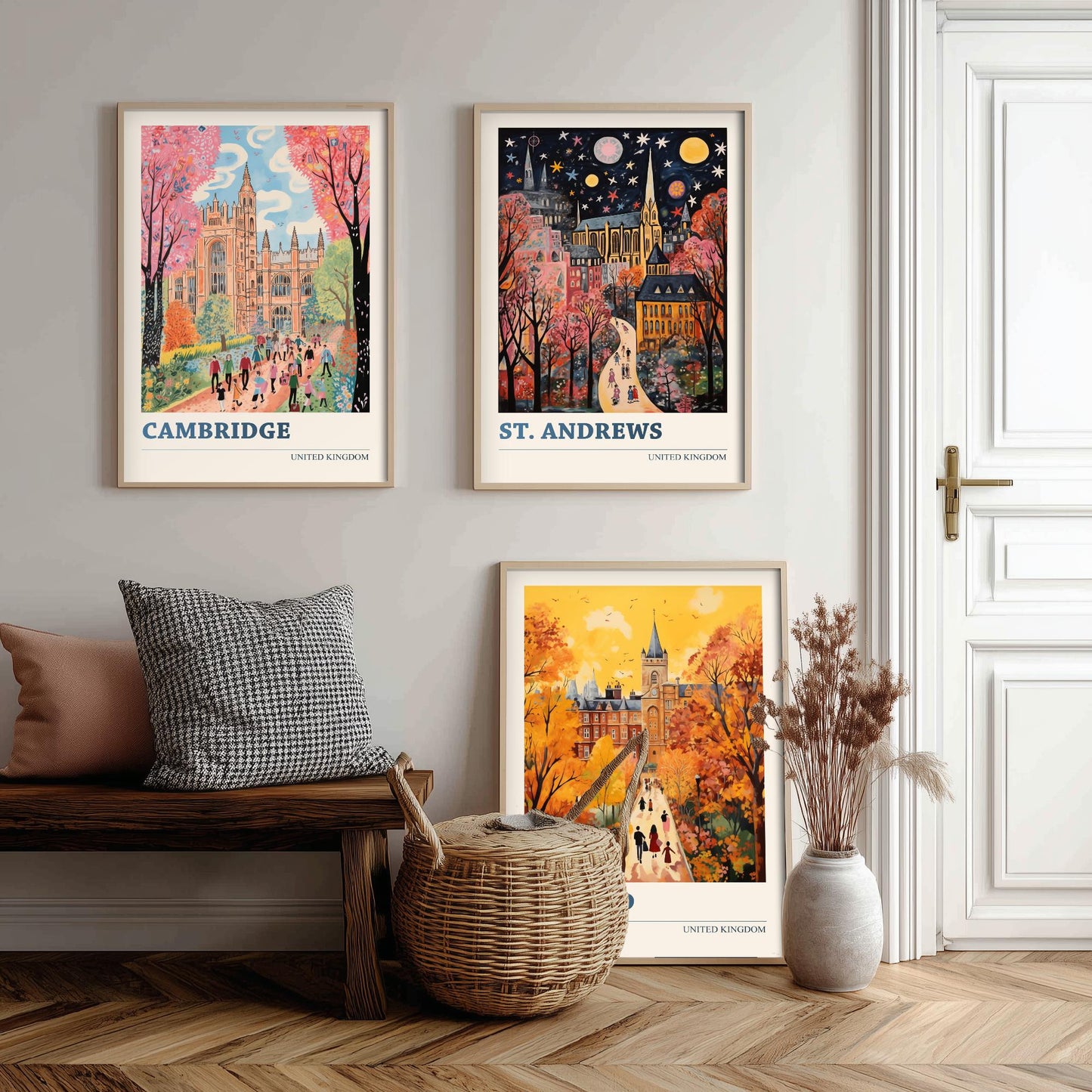 Cambridge St Andrews Oxford Set of Three Art Prints | UK University Towns Poster Illustration