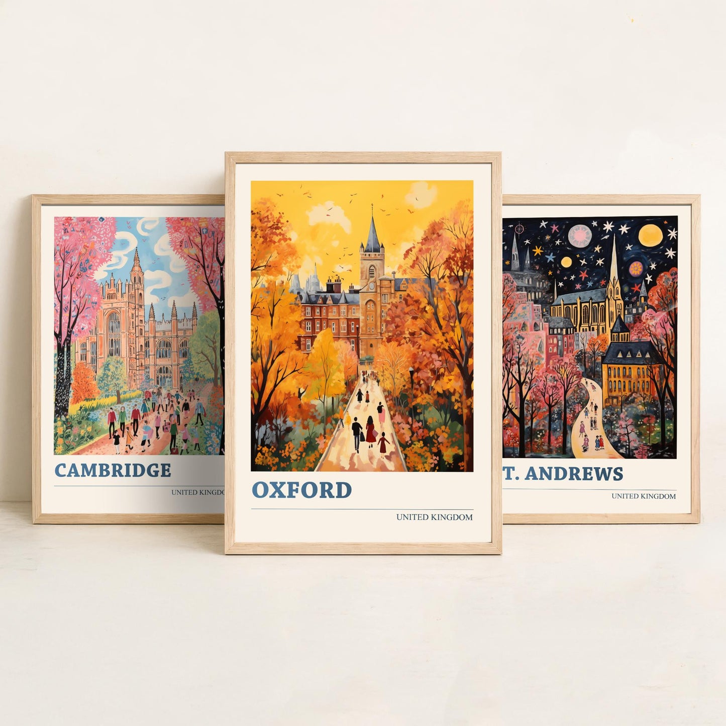 Cambridge St Andrews Oxford Set of Three Art Prints | UK University Towns Poster Illustration