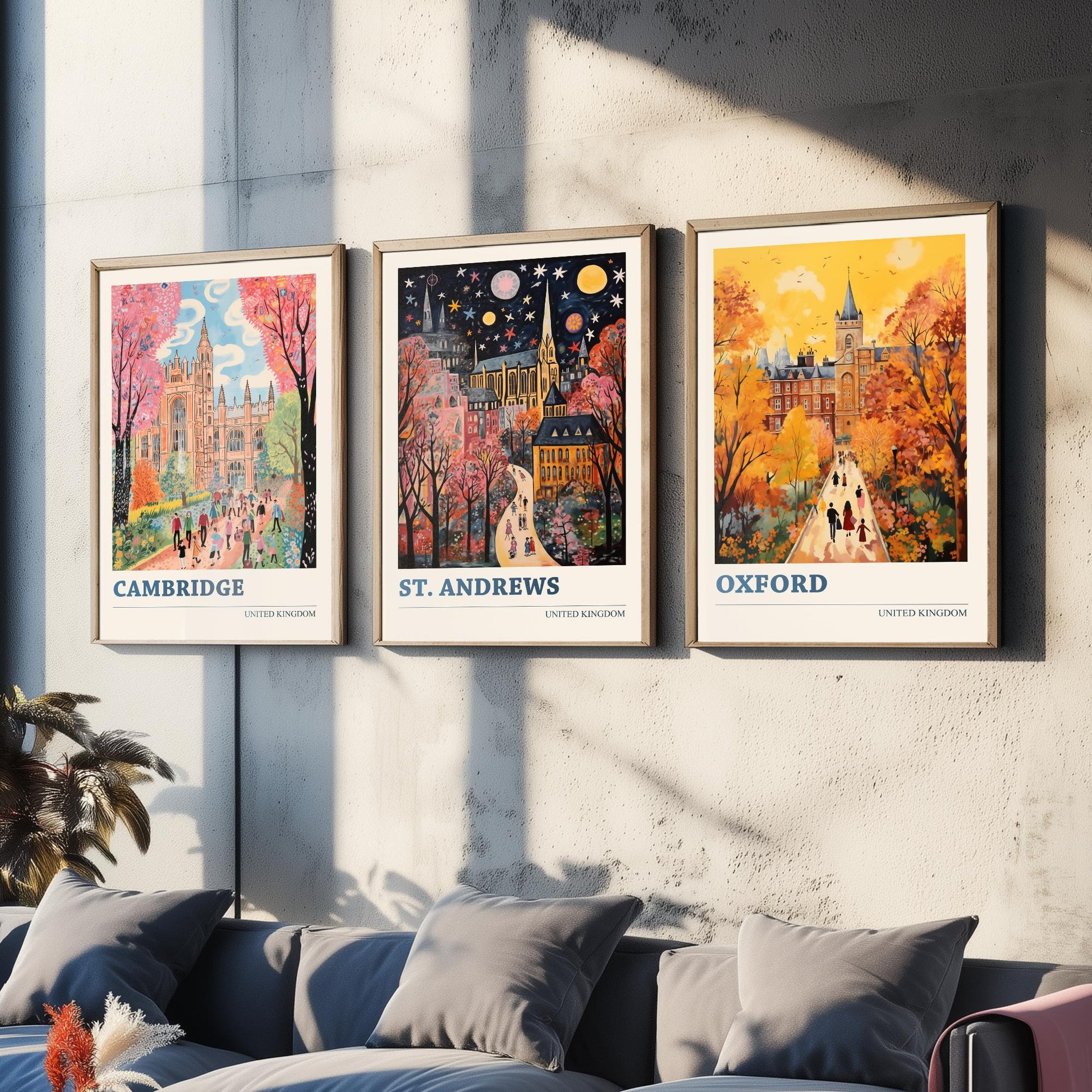 Cambridge St Andrews Oxford Set of Three Art Prints | UK University Towns Poster Illustration