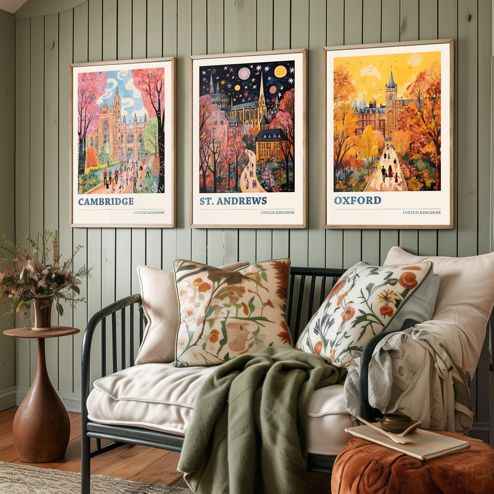 Cambridge St Andrews Oxford Set of Three Art Prints | UK University Towns Poster Illustration