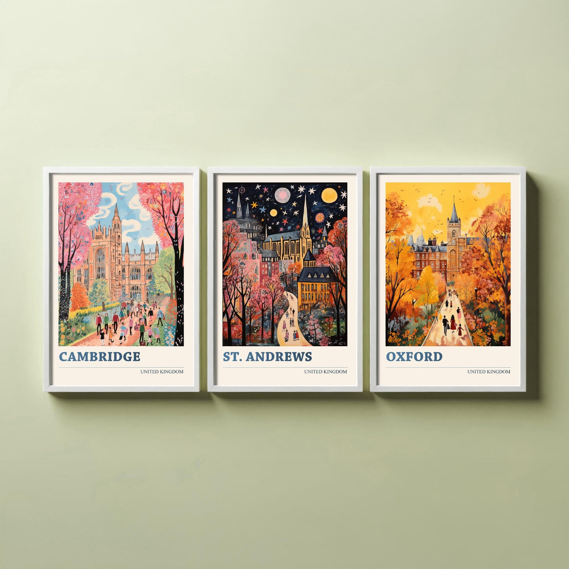 Cambridge St Andrews Oxford Set of Three Art Prints | UK University Towns Poster Illustration