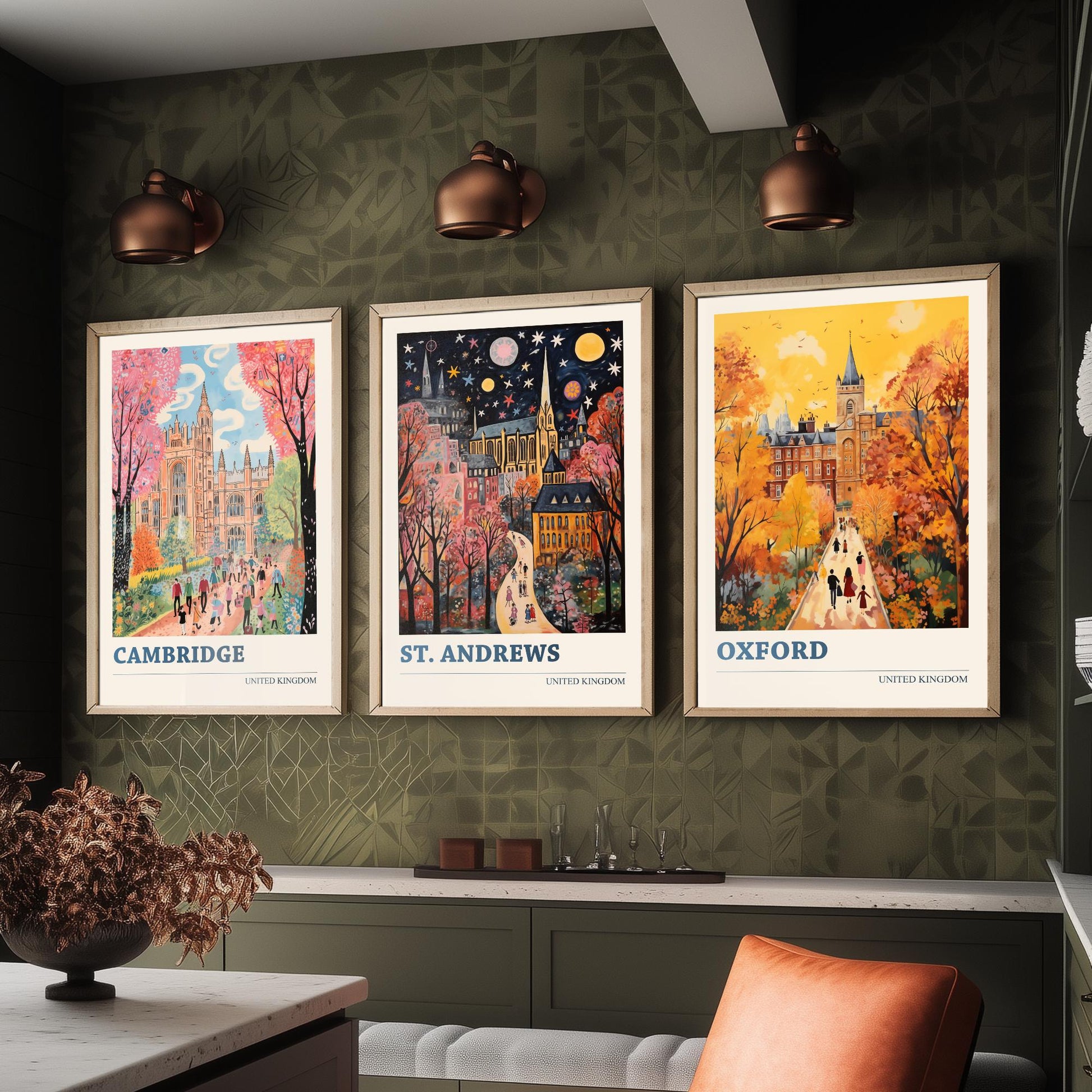 Cambridge St Andrews Oxford Set of Three Art Prints | UK University Towns Poster Illustration
