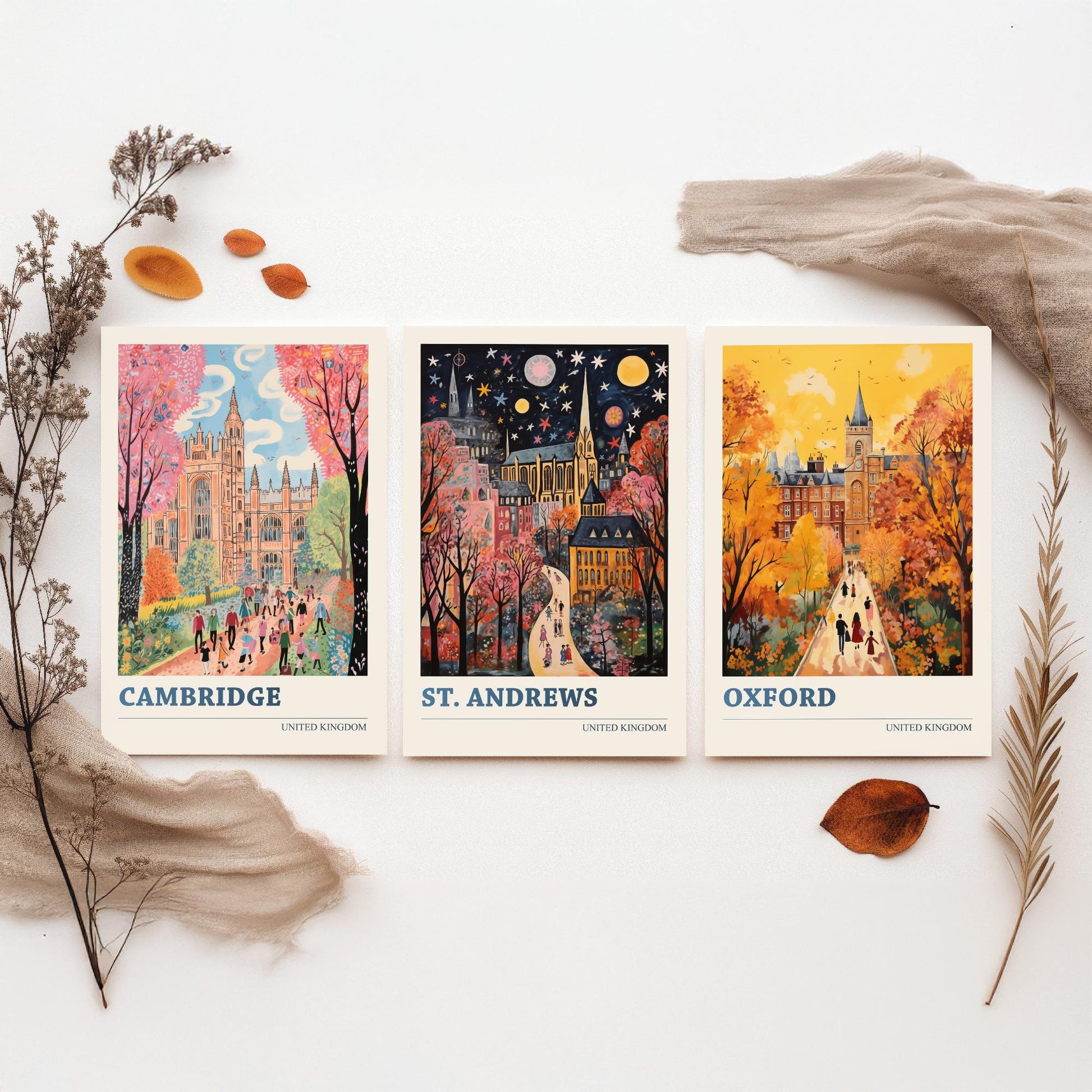 Cambridge St Andrews Oxford Set of Three Art Prints | UK University Towns Poster Illustration