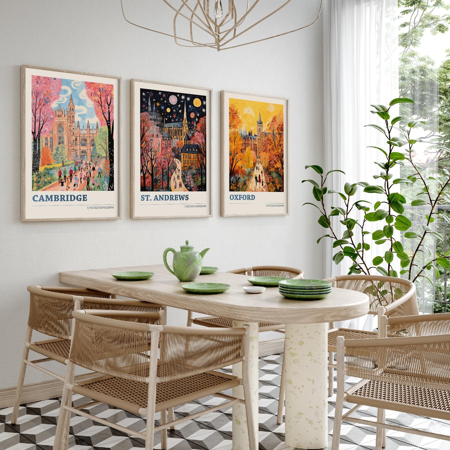 Cambridge St Andrews Oxford Set of Three Art Prints | UK University Towns Poster Illustration