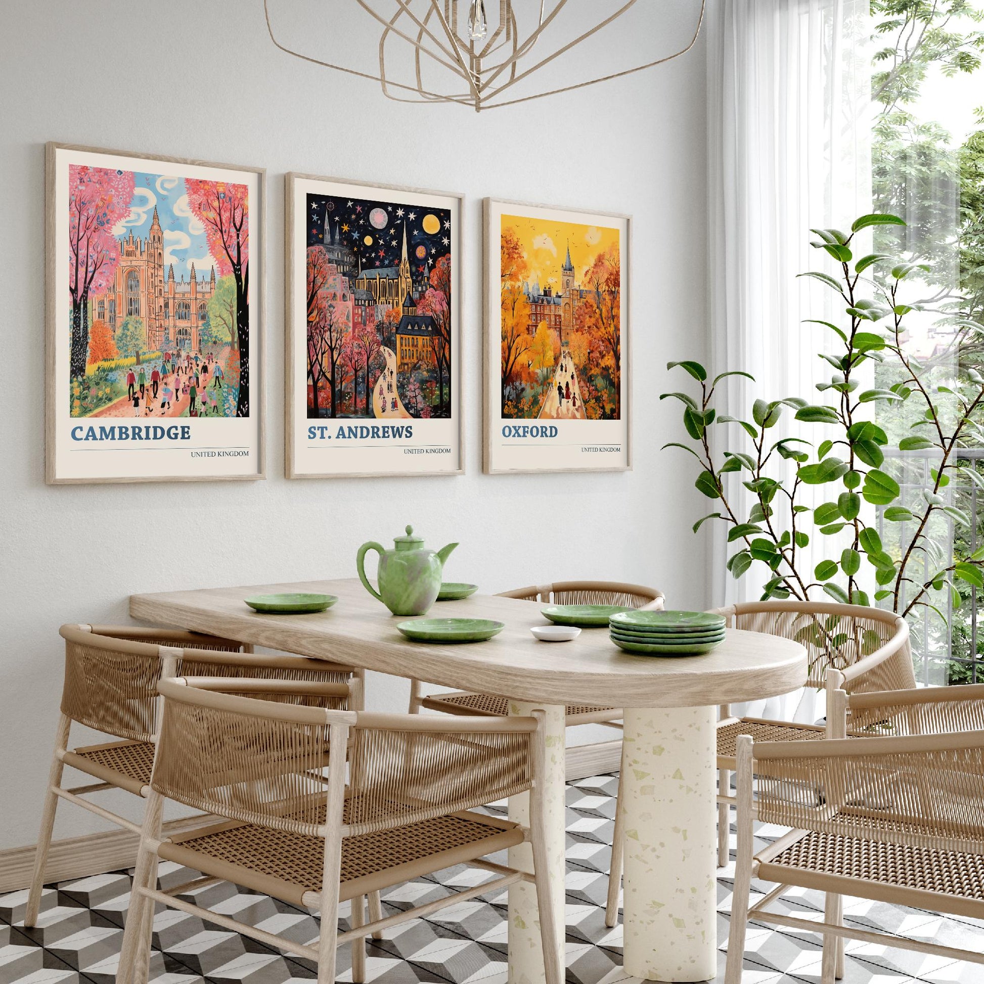 Cambridge St Andrews Oxford Set of Three Art Prints | UK University Towns Poster Illustration