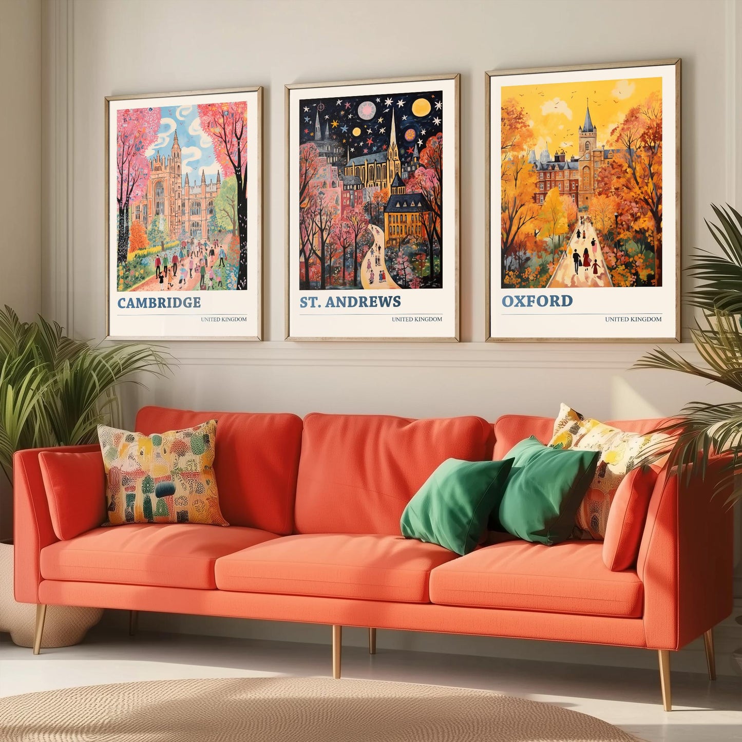 Cambridge St Andrews Oxford Set of Three Art Prints | UK University Towns Poster Illustration