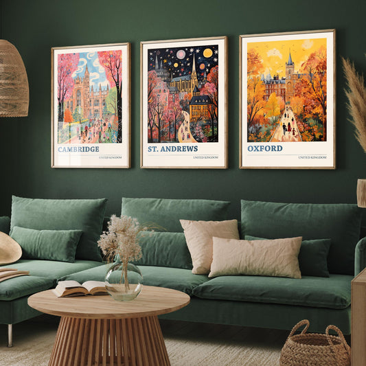 Cambridge St Andrews Oxford Set of Three Art Prints | UK University Towns Poster Illustration