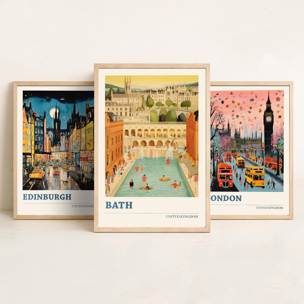 Edinburgh, London, Bath Set of Three Art Prints - United Kingdom Ludwig Modern Poster - Big Ben, Roman Baths Illustration