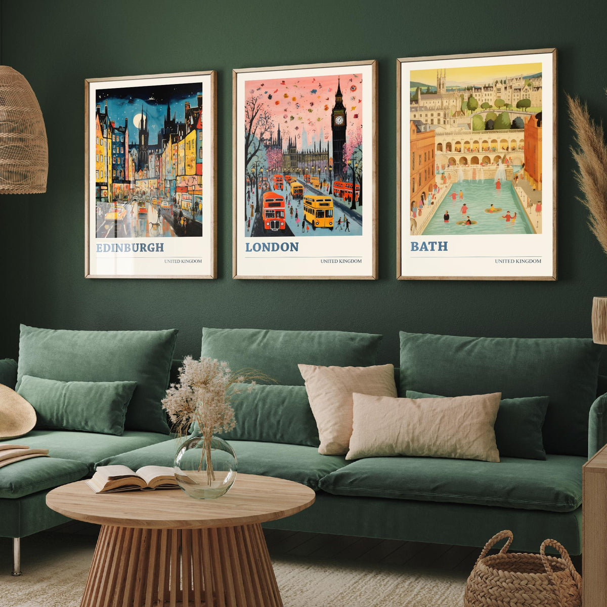Edinburgh, London, Bath Set of Three Art Prints - United Kingdom Ludwig Modern Poster - Big Ben, Roman Baths Illustration